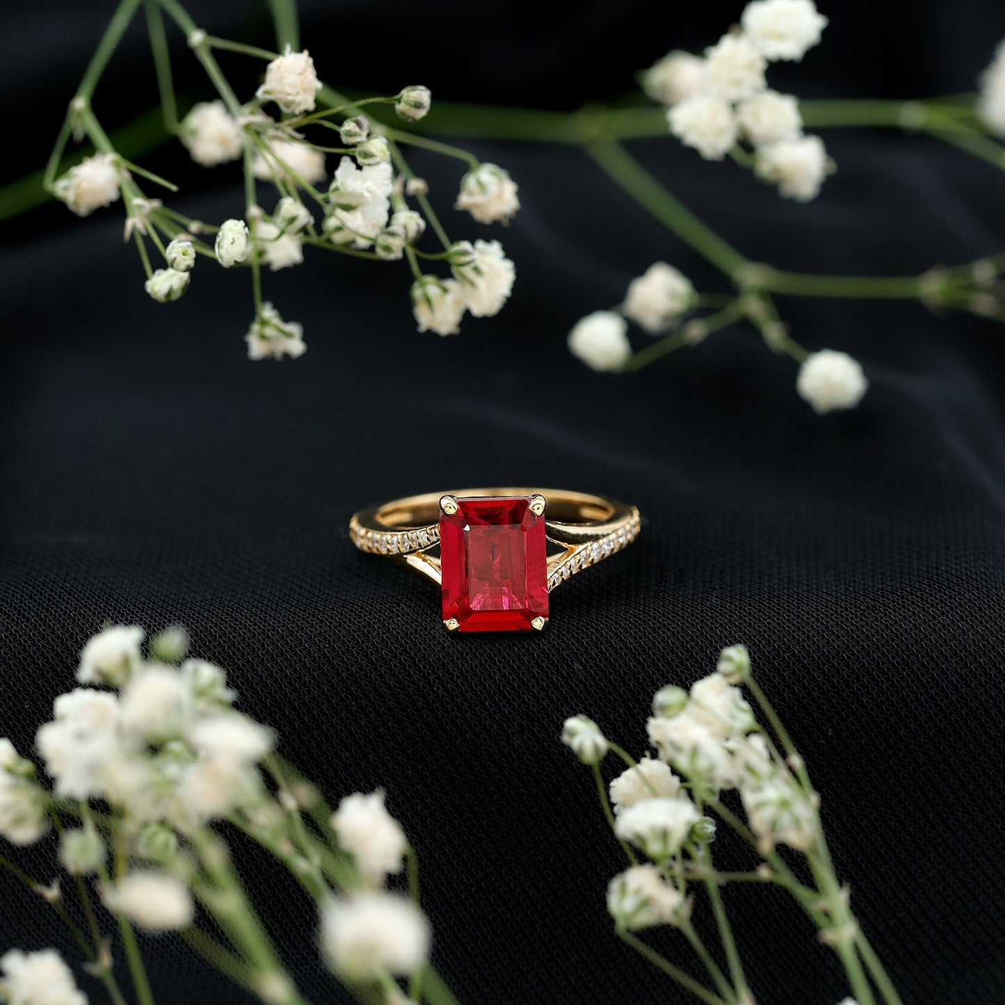 Emerald Cut Lab Grown Ruby and Diamond Ring with Split Shank
