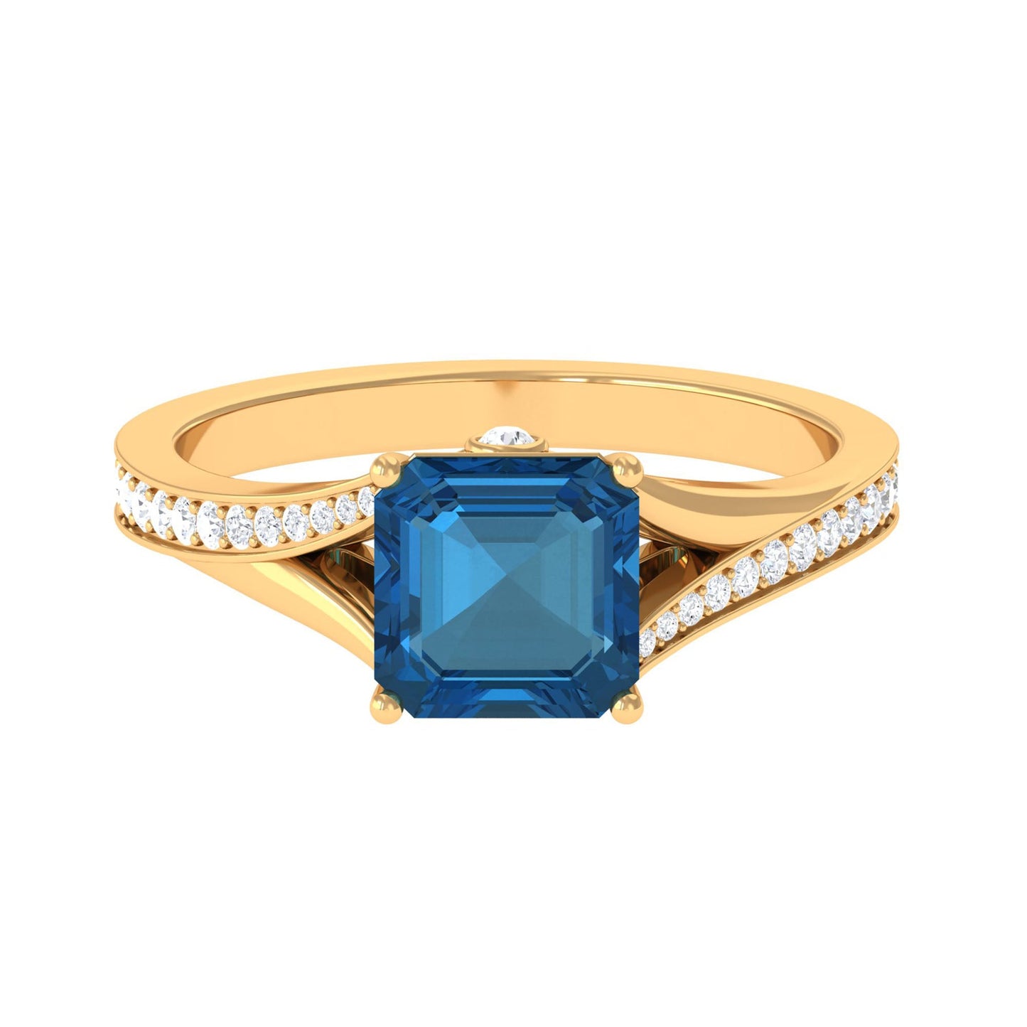 8mm Asscher Cut London Blue Topaz Split Shank Engagement Ring with Diamond