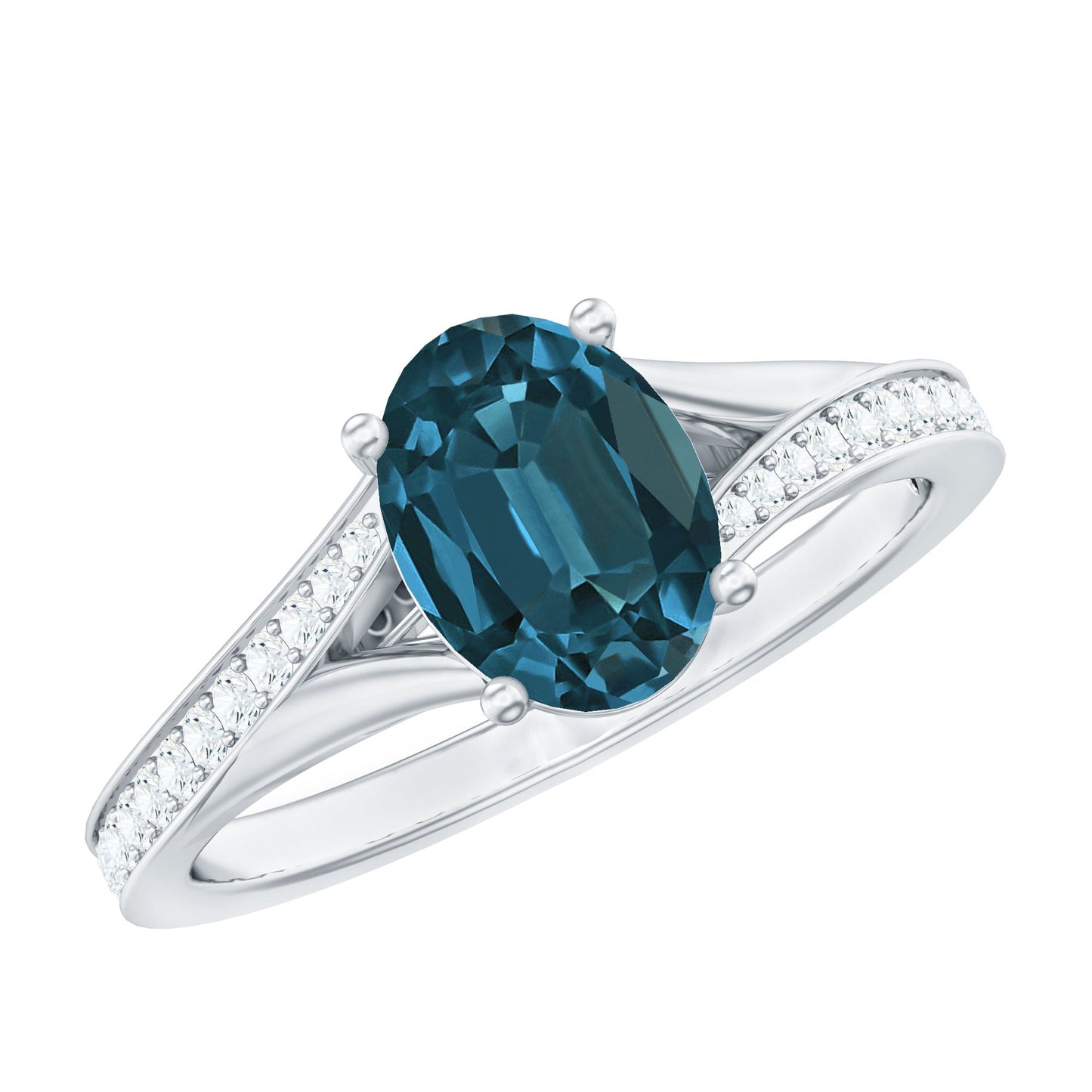 6X8mm Oval Cut London Blue Topaz Engagement Ring with Diamond Split Shank