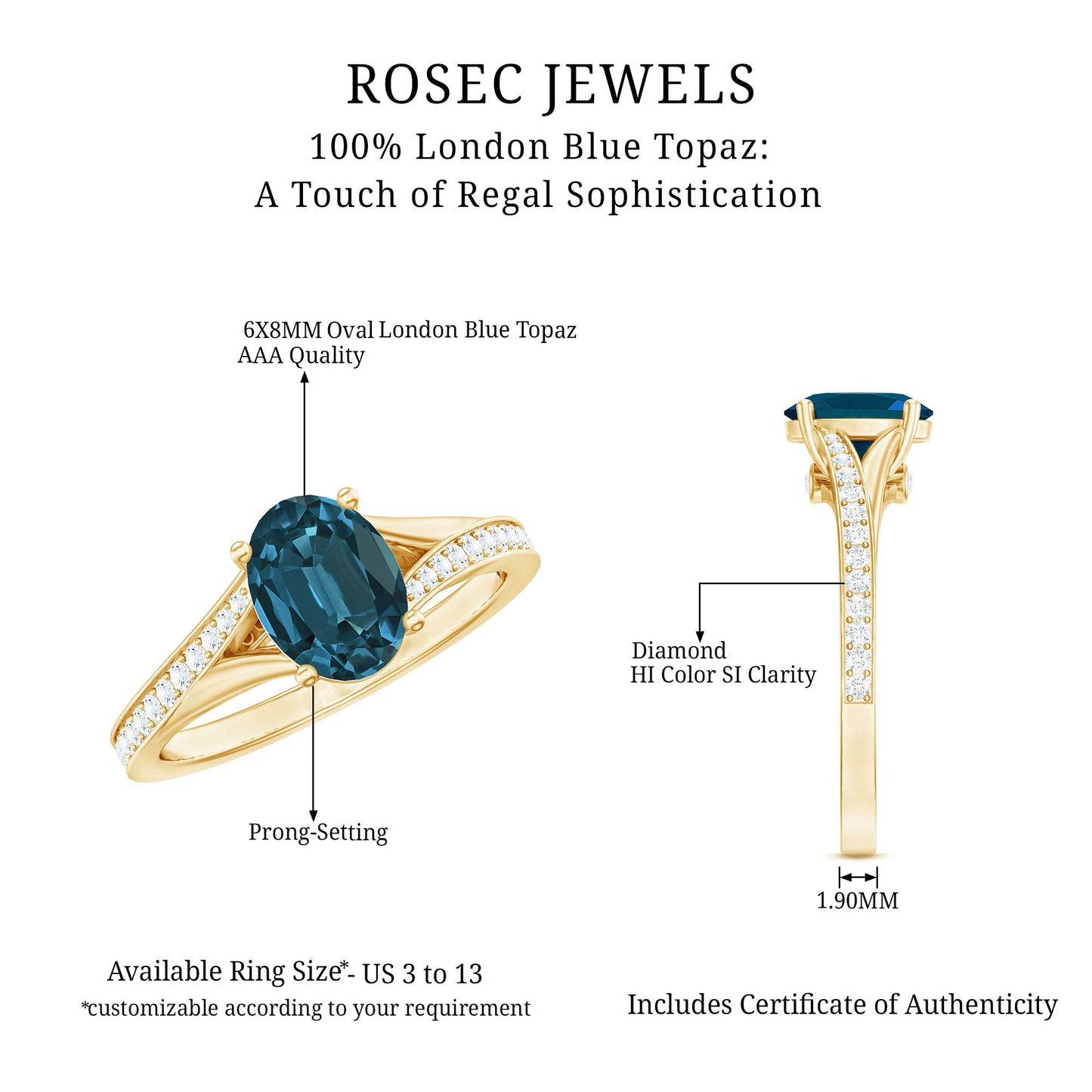6X8mm Oval Cut London Blue Topaz Engagement Ring with Diamond Split Shank