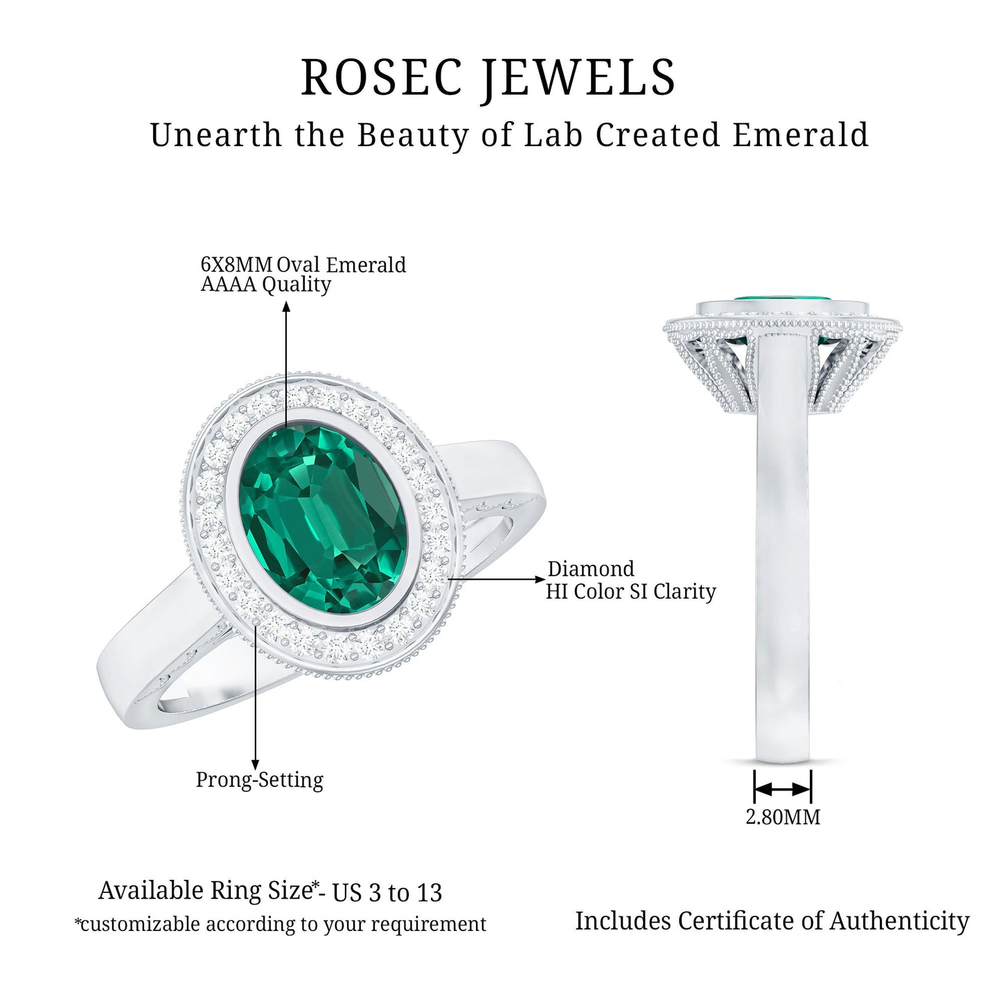 6X8 mm Oval Lab Grown Emerald Bezel Set Engagement Ring With Diamond Halo