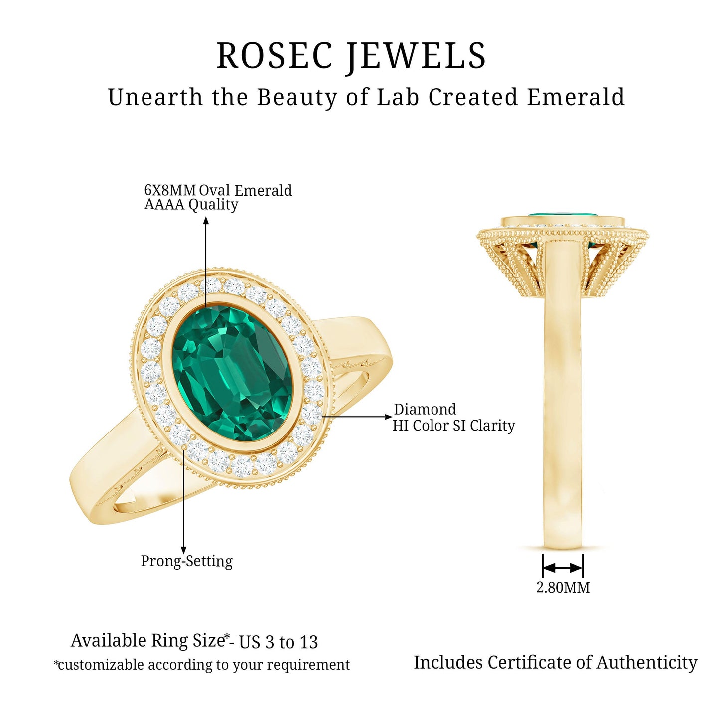 6X8 mm Oval Lab Grown Emerald Bezel Set Engagement Ring With Diamond Halo