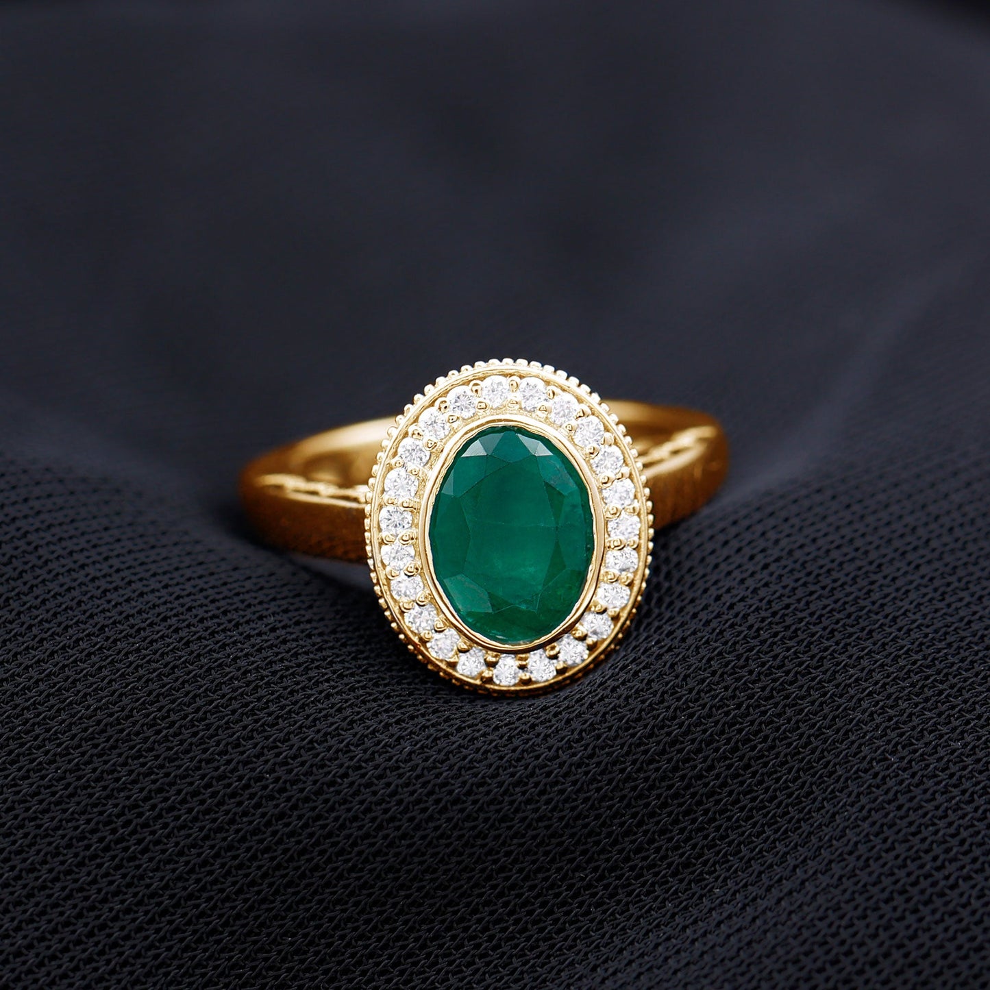 6X8 mm Oval Lab Grown Emerald Bezel Set Engagement Ring With Diamond Halo