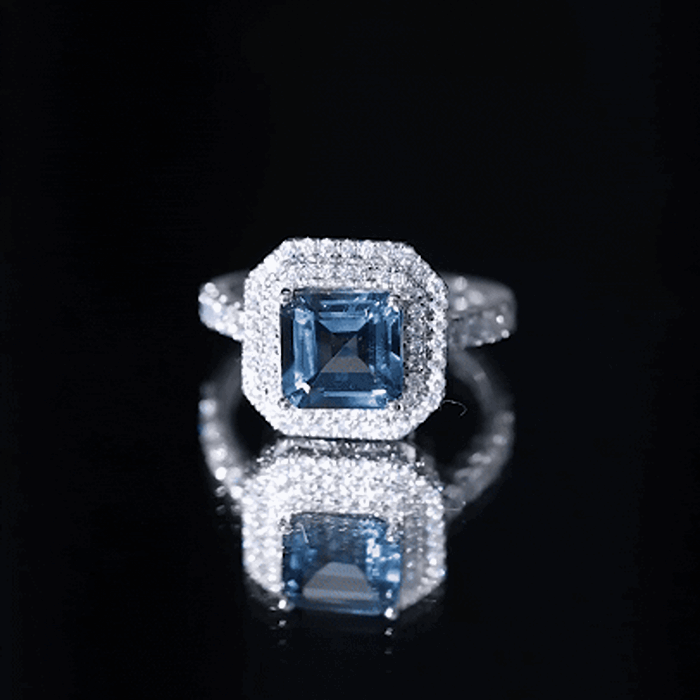 8mm Asscher Cut London Blue Topaz Art Deco Engagement Ring with Double Halo