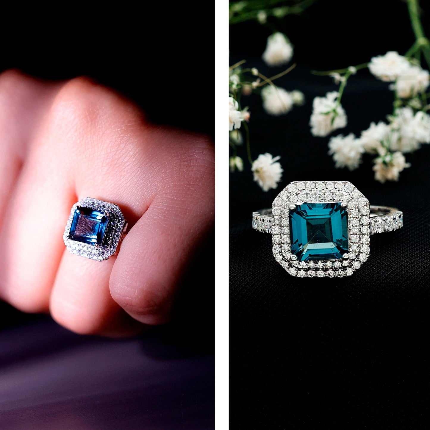 8mm Asscher Cut London Blue Topaz Art Deco Engagement Ring with Double Halo