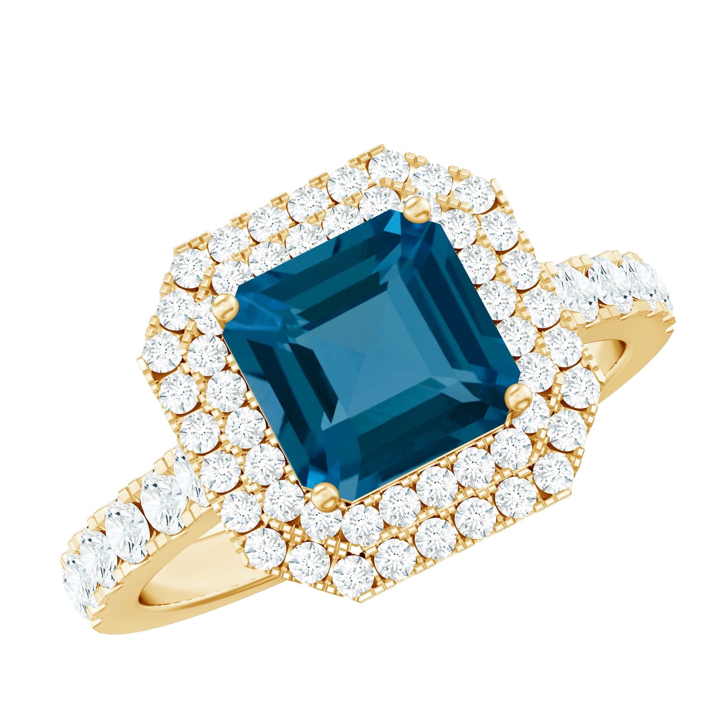 8mm Asscher Cut London Blue Topaz Art Deco Engagement Ring with Double Halo