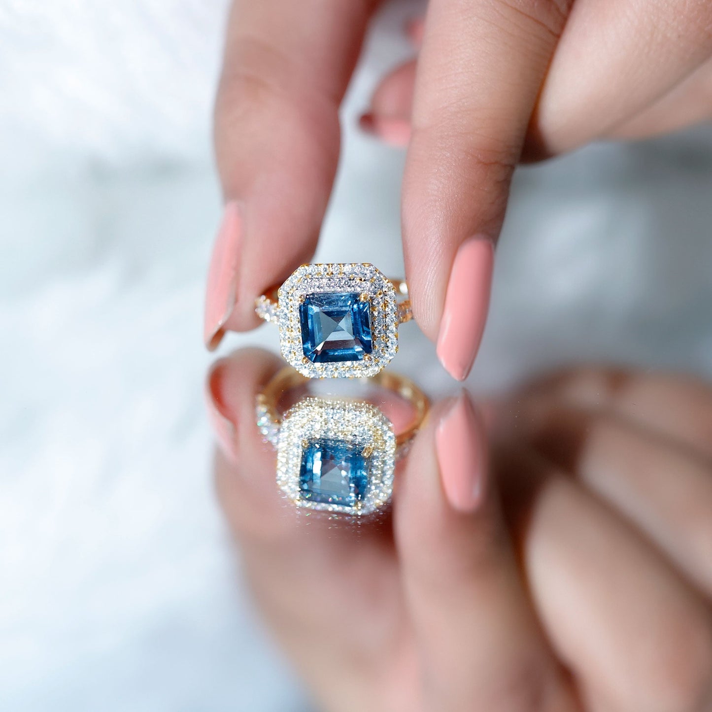 8mm Asscher Cut London Blue Topaz Art Deco Engagement Ring with Double Halo