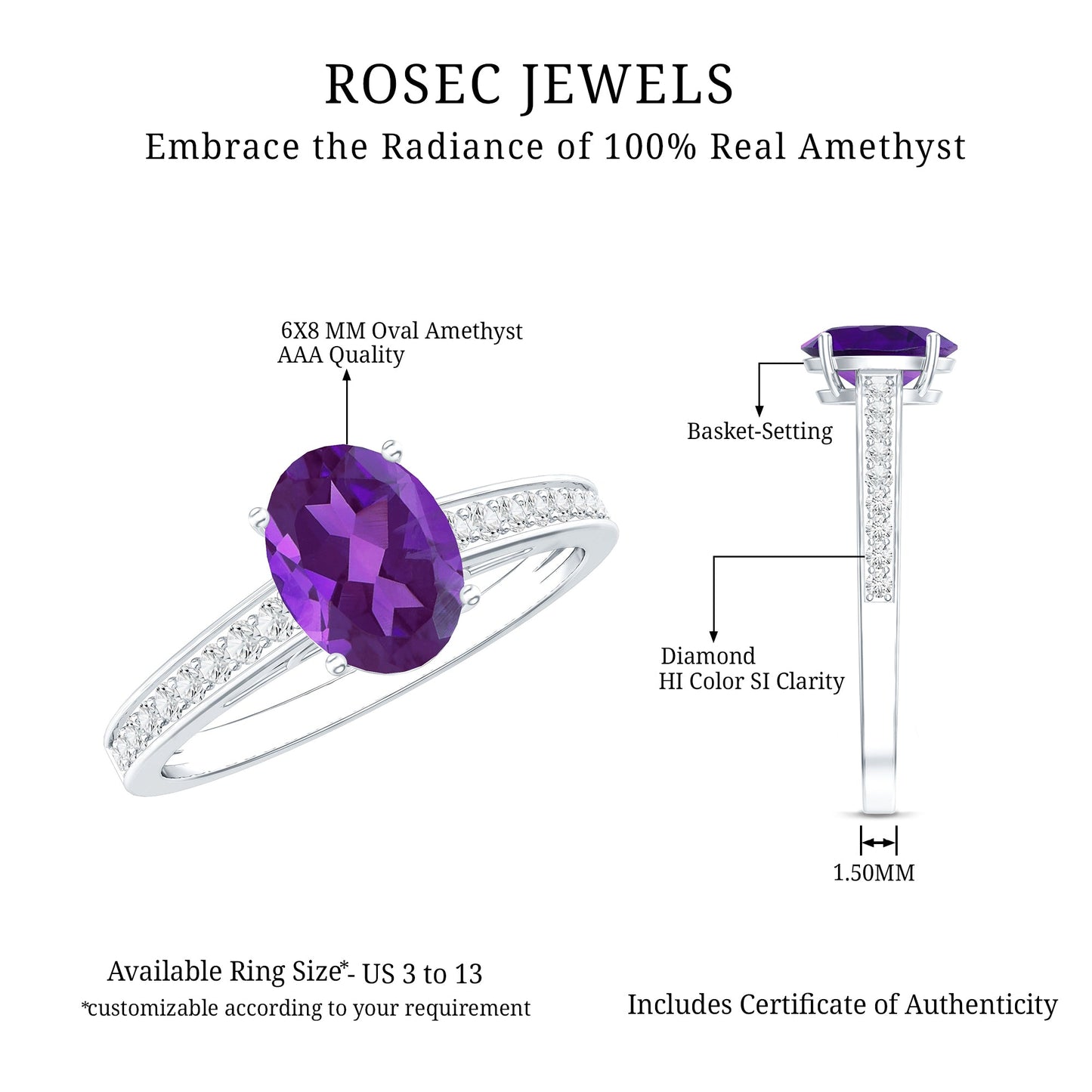 4 Prong Set Amethyst Solitaire and Diamond Ring