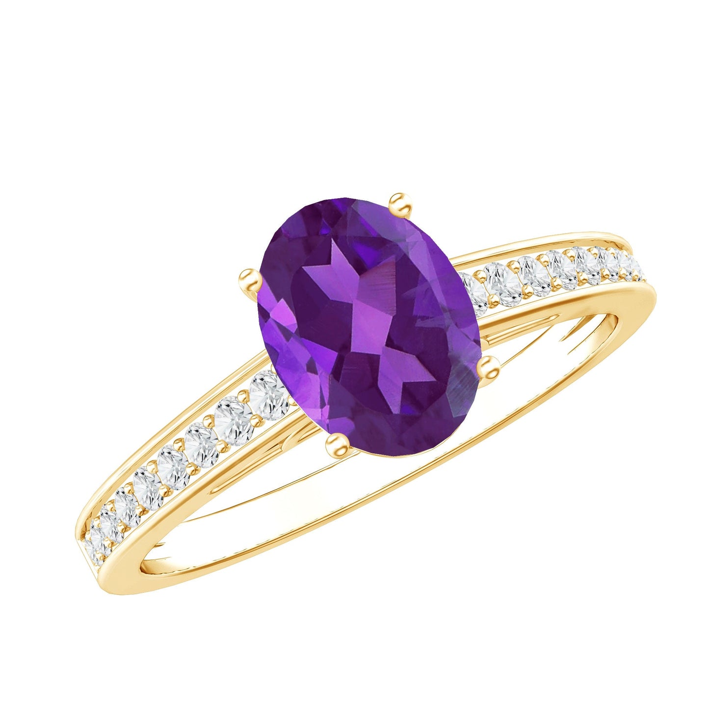 4 Prong Set Amethyst Solitaire and Diamond Ring