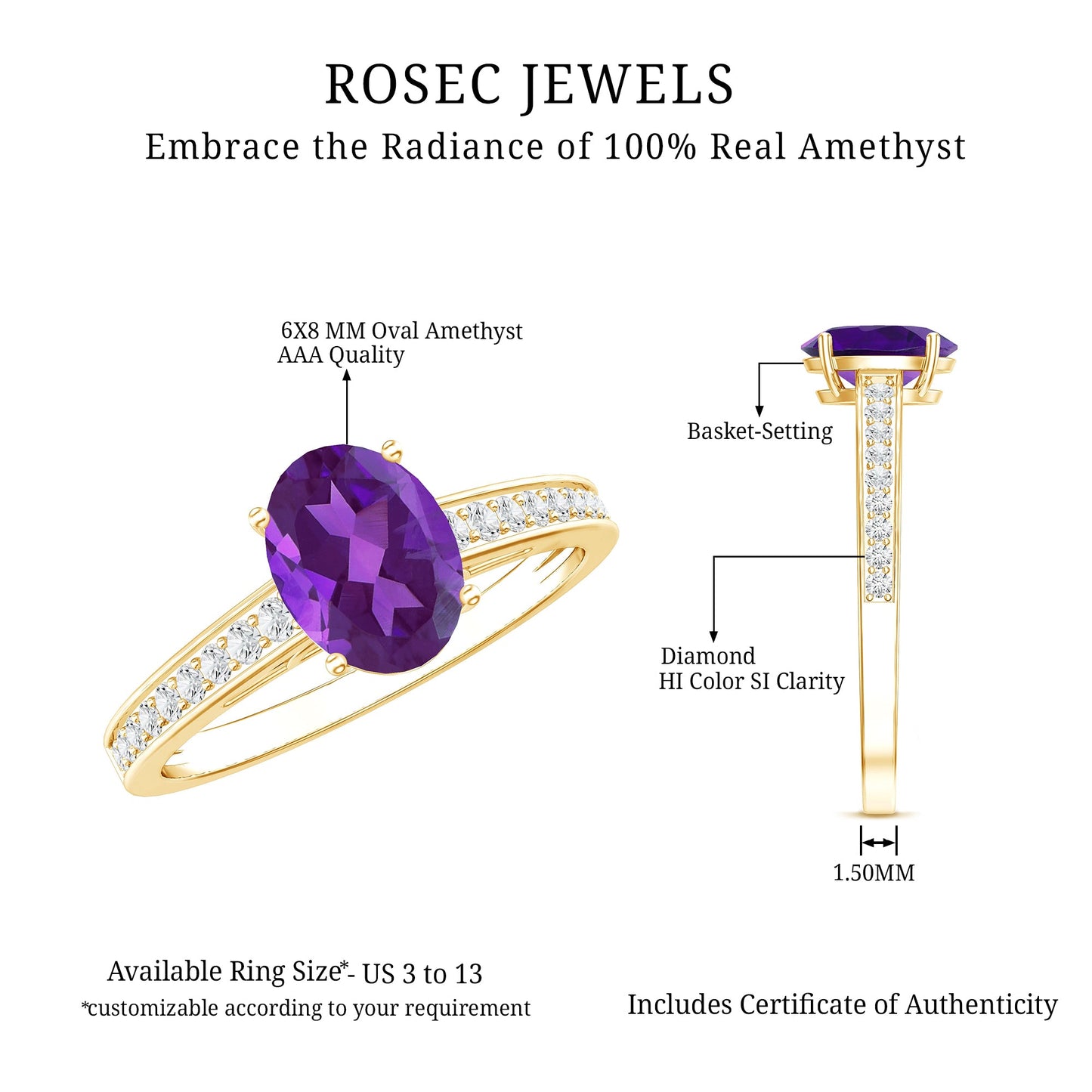 4 Prong Set Amethyst Solitaire and Diamond Ring