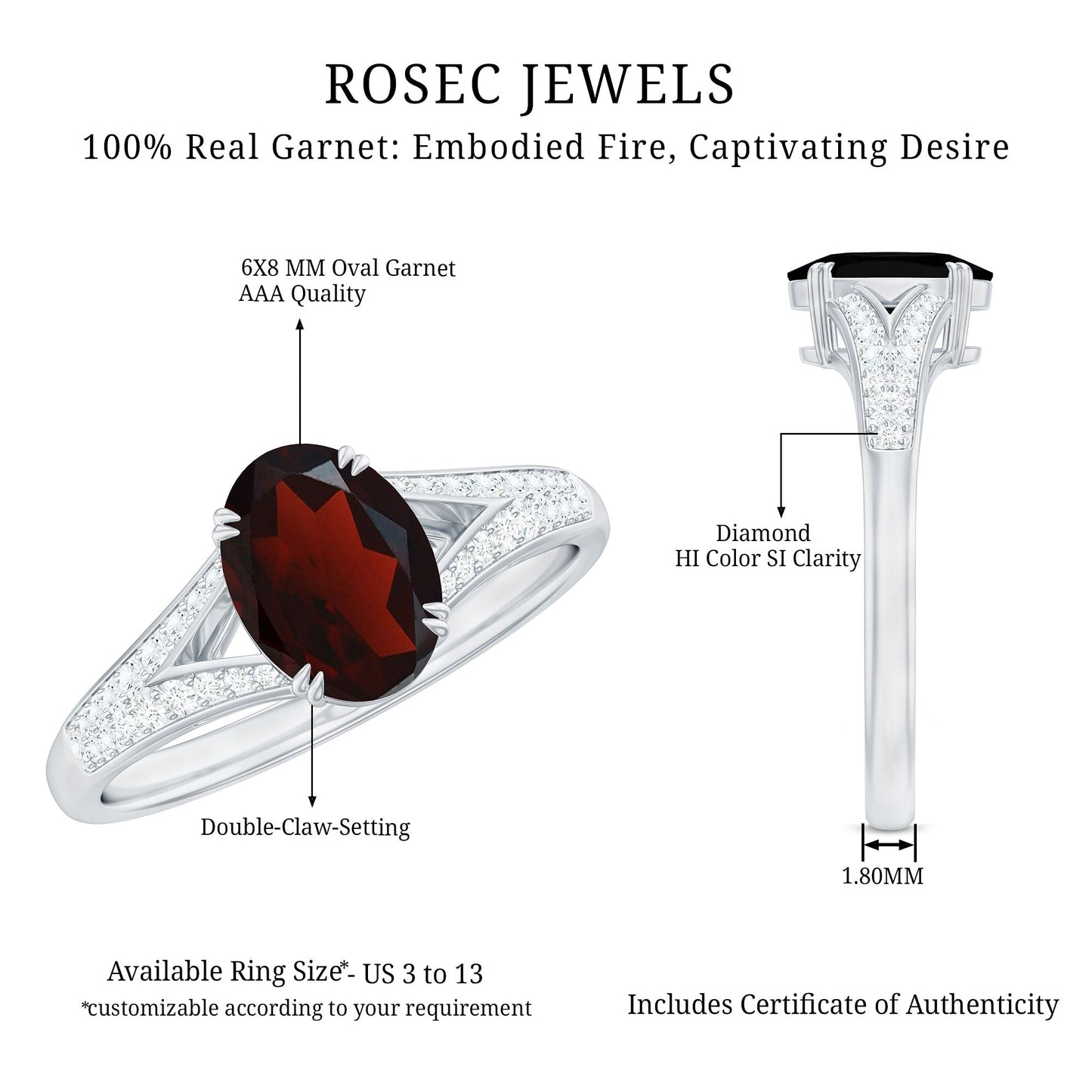 Natural 6X8 mm Garnet Oval Engagement Ring with Diamond Split Shank