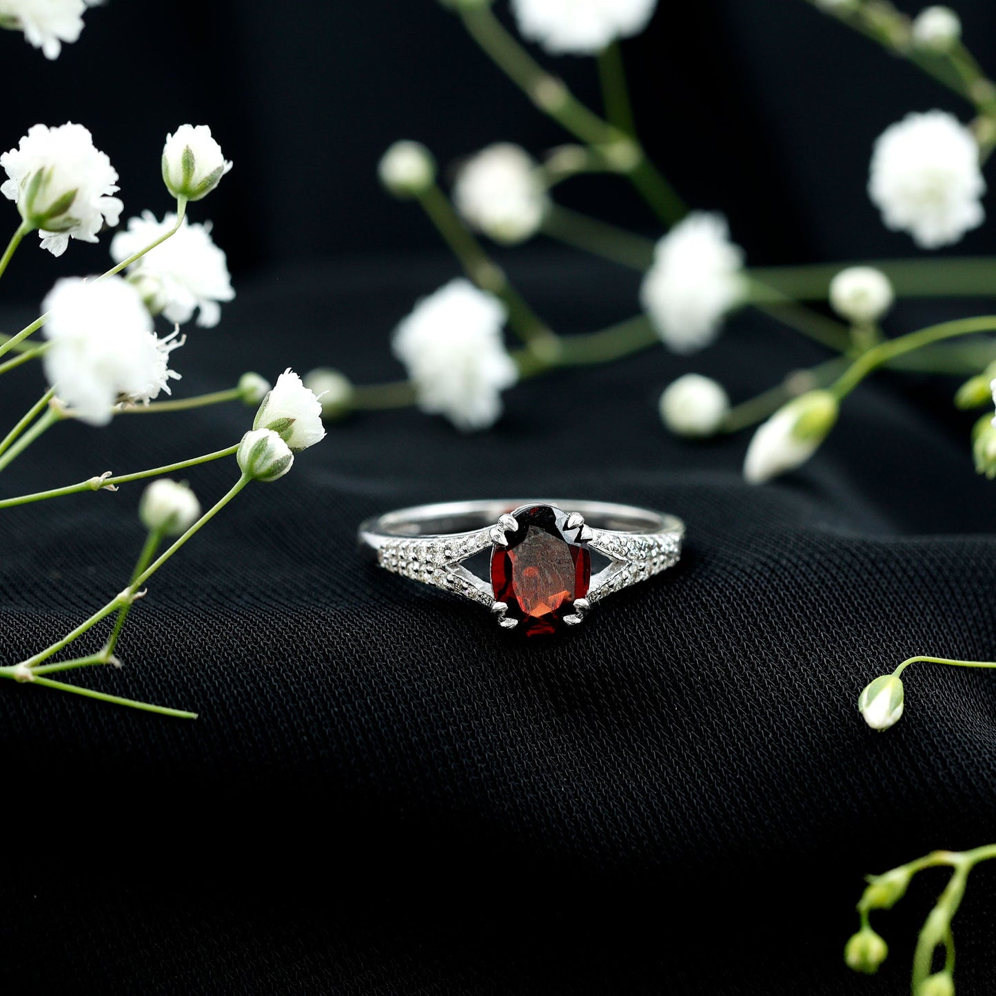 Natural 6X8 mm Garnet Oval Engagement Ring with Diamond Split Shank