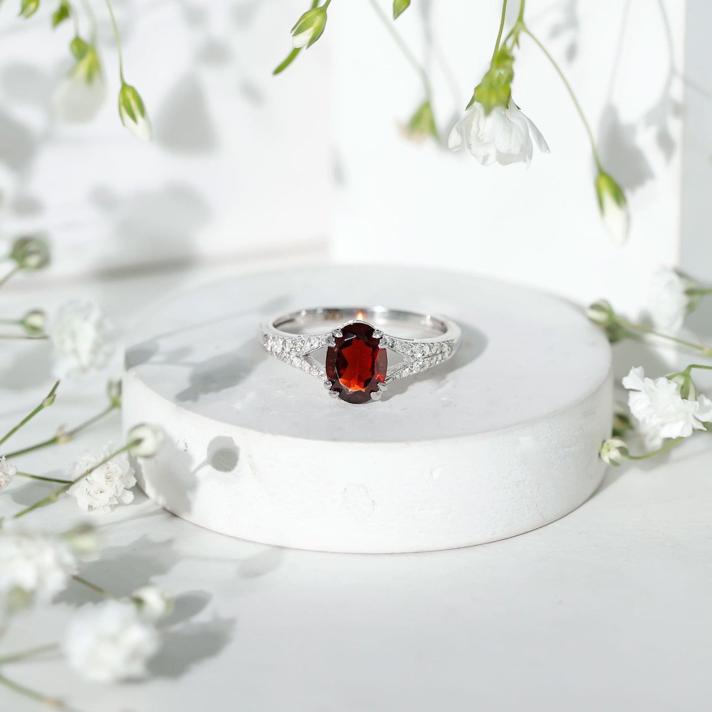 Natural 6X8 mm Garnet Oval Engagement Ring with Diamond Split Shank