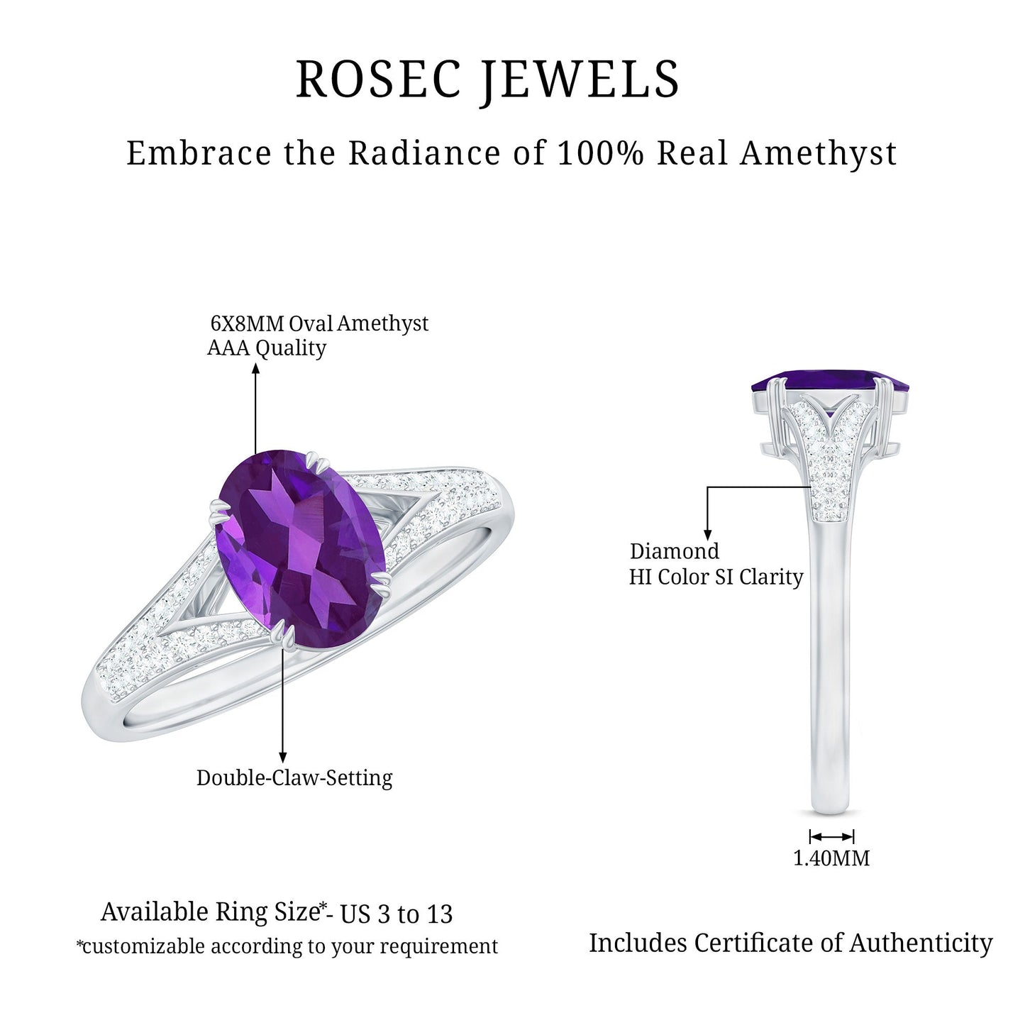 1.25 CT Split Shank Oval Amethyst Solitaire Engagement Ring with Diamond