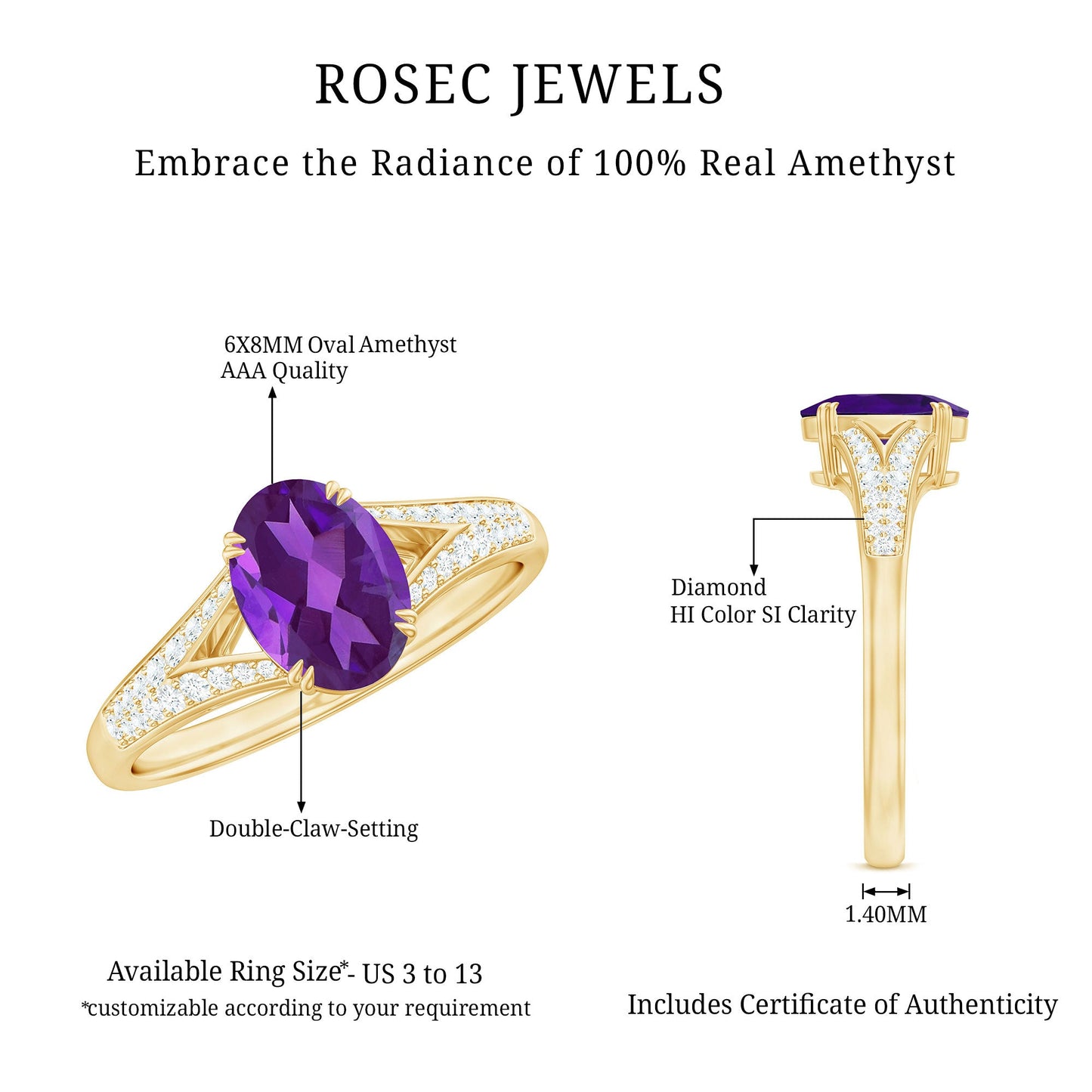 1.25 CT Split Shank Oval Amethyst Solitaire Engagement Ring with Diamond
