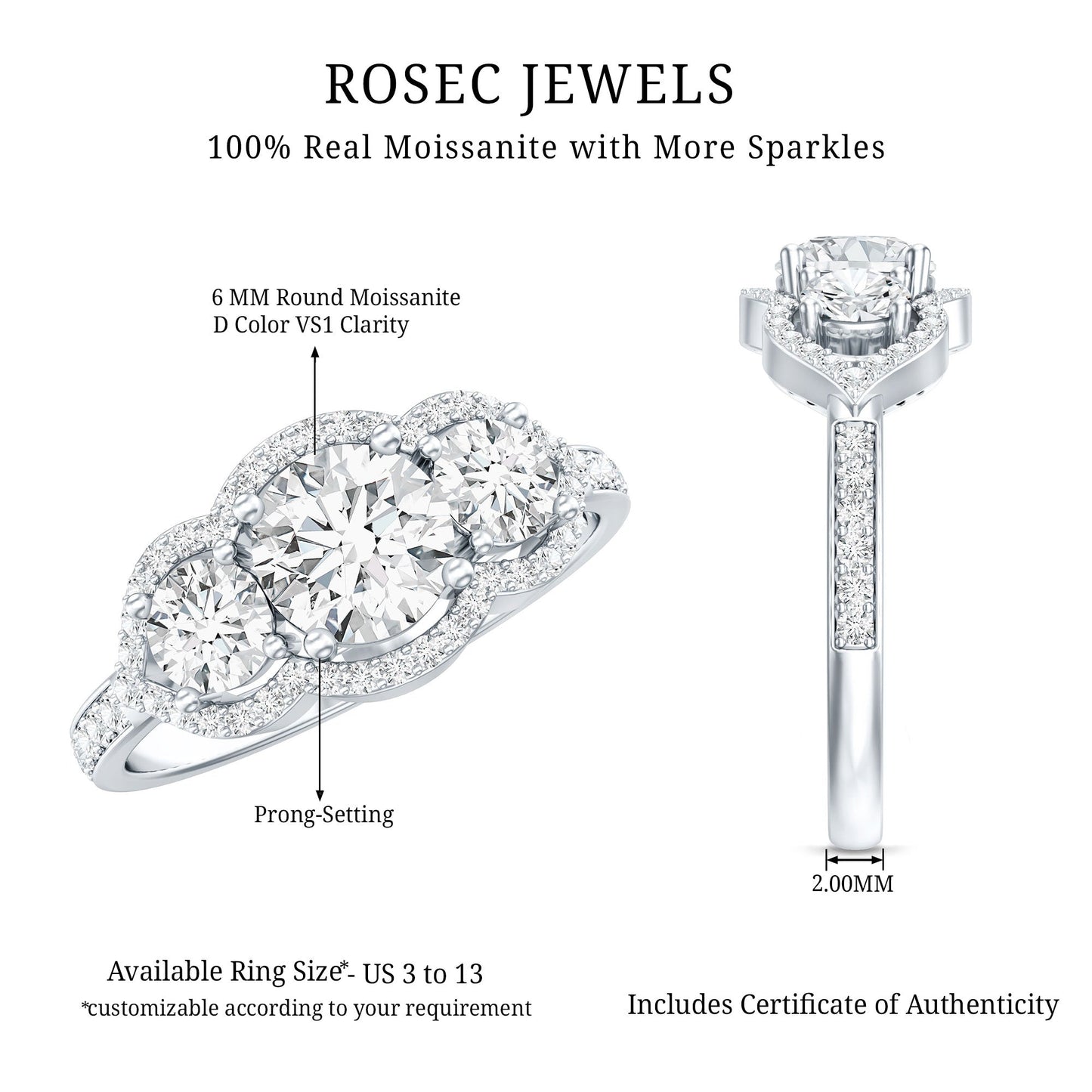 2 CT Certified Moissanite Three Stone Statement Engagement Ring