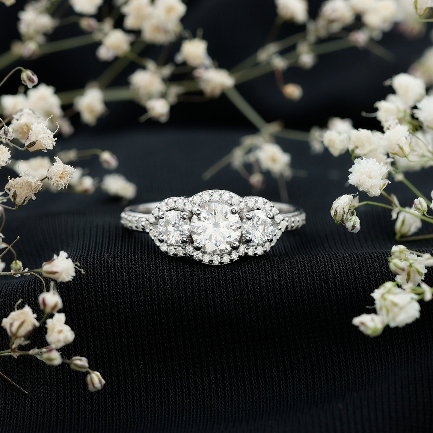 2 CT Certified Moissanite Three Stone Statement Engagement Ring