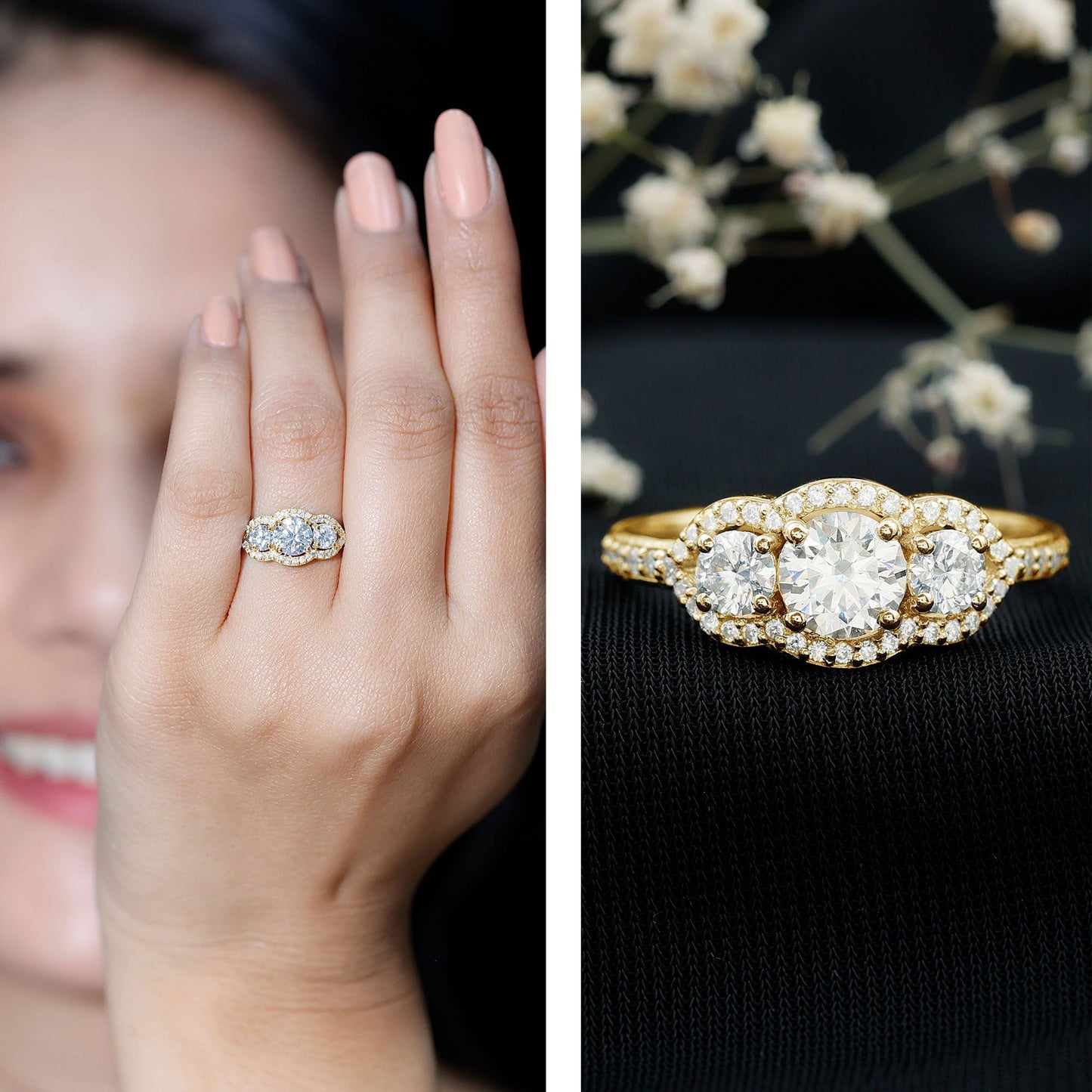 2 CT Certified Moissanite Three Stone Statement Engagement Ring