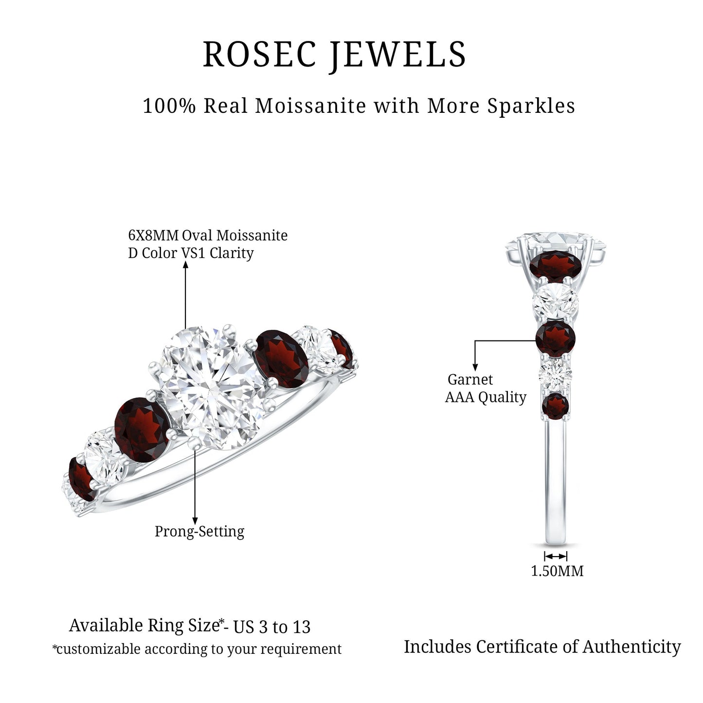 Moissanite 6X8 MM Oval Engagement Ring with Garnet