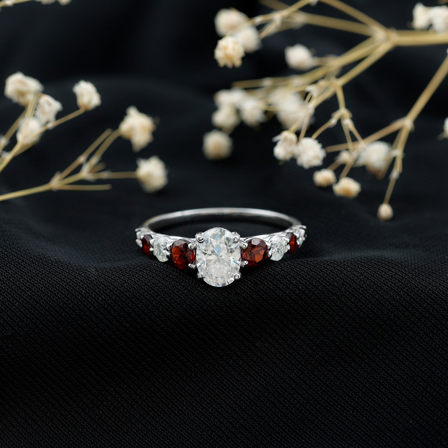 Moissanite 6X8 MM Oval Engagement Ring with Garnet