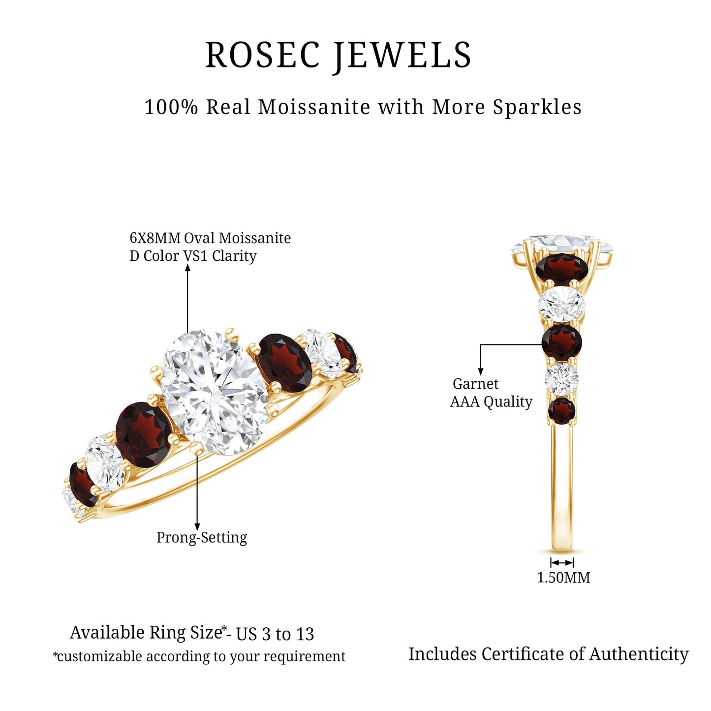 Moissanite 6X8 MM Oval Engagement Ring with Garnet