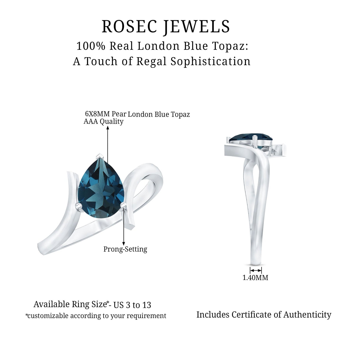 6X8mm Pear Shape London Blue Topaz Solitaire Ring with Bypass Shank