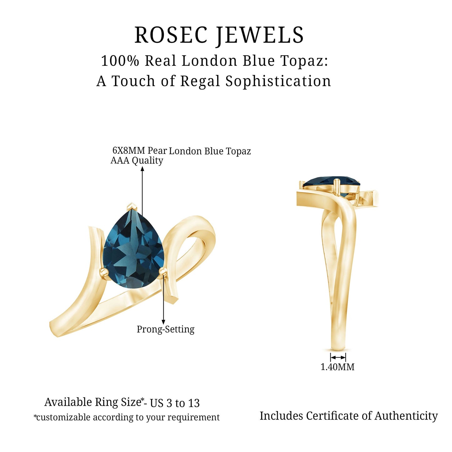 6X8mm Pear Shape London Blue Topaz Solitaire Ring with Bypass Shank