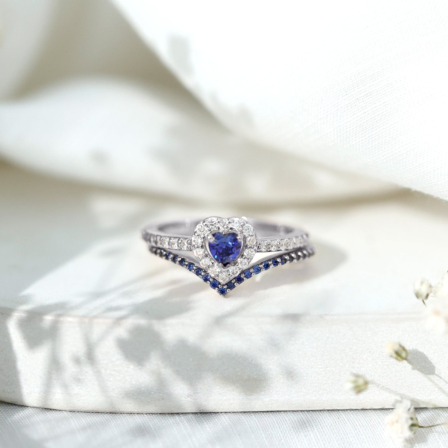 Certified Lab Grown Blue Sapphire Heart Engagement Ring Set with Real Diamond