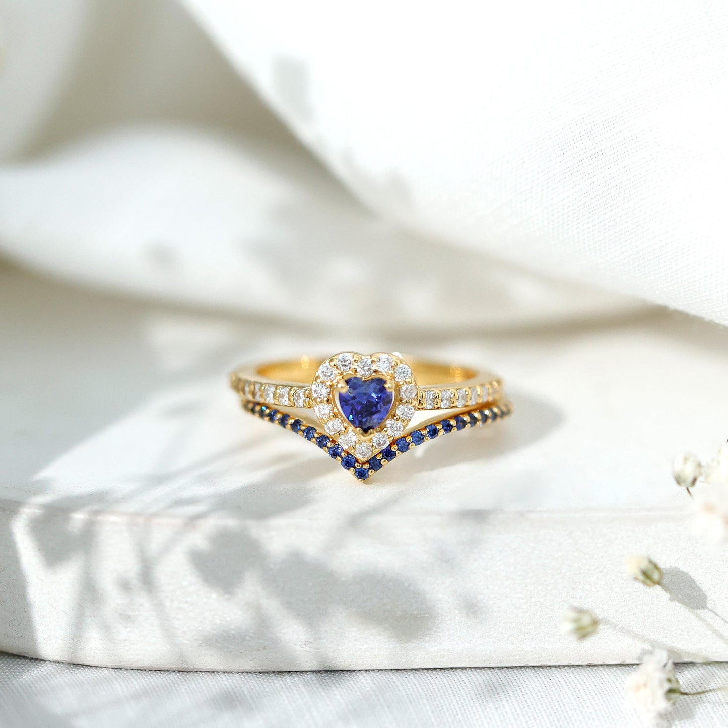 Certified Lab Grown Blue Sapphire Heart Engagement Ring Set with Real Diamond