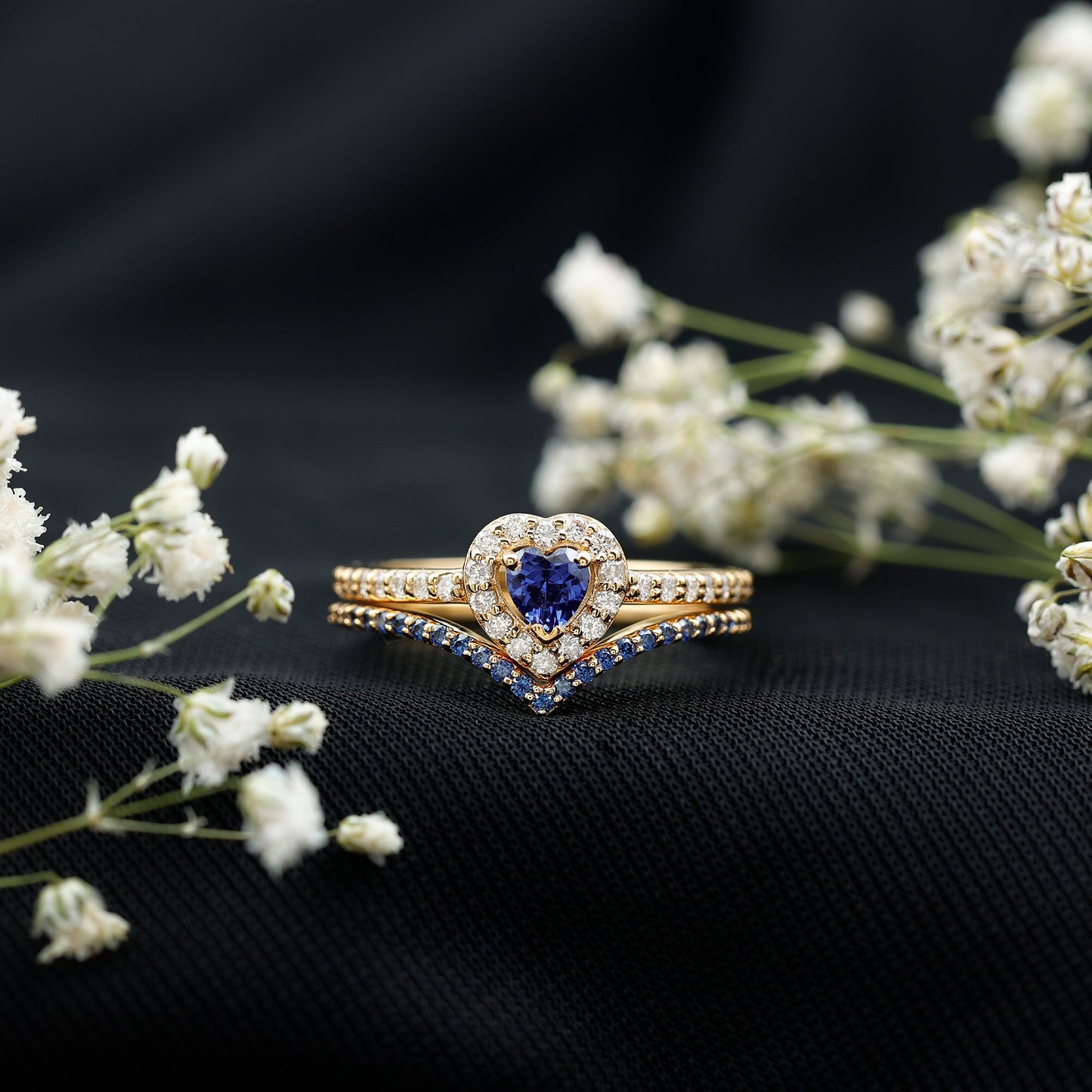 Certified Lab Grown Blue Sapphire Heart Engagement Ring Set with Real Diamond