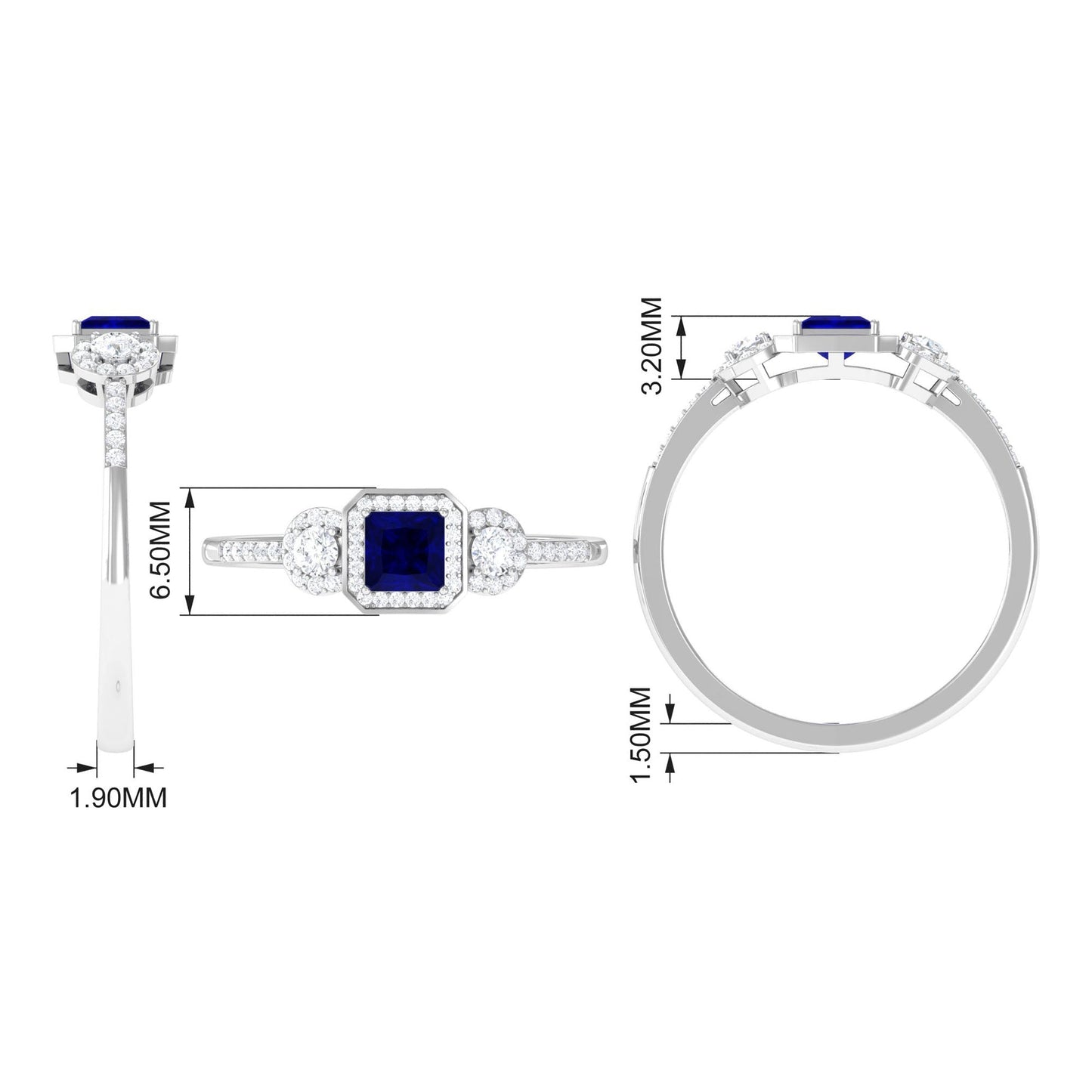 3/4 CT Princess Cut Blue Sapphire and Diamond Engagement Ring