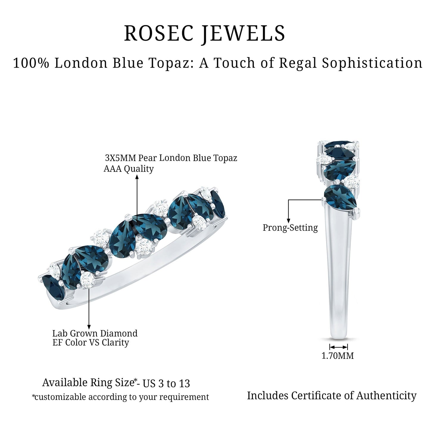 Pear Shape London Blue Topaz Half Eternity Band with Lab Made Diamond