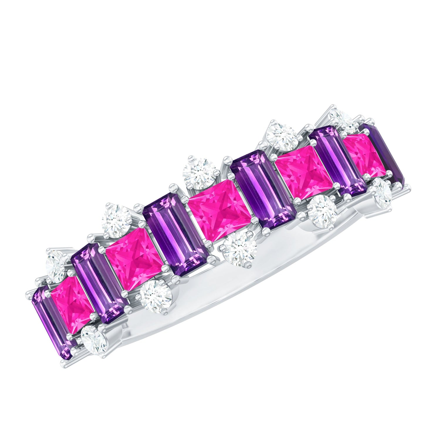 Elegant Amethyst and Created Pink Sapphire Half Eternity Band Ring with Diamond