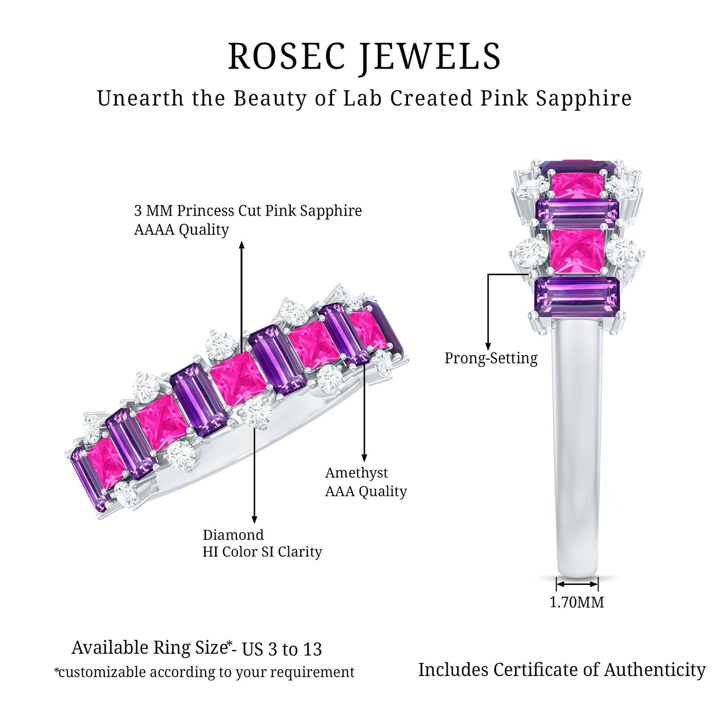 Elegant Amethyst and Created Pink Sapphire Half Eternity Band Ring with Diamond