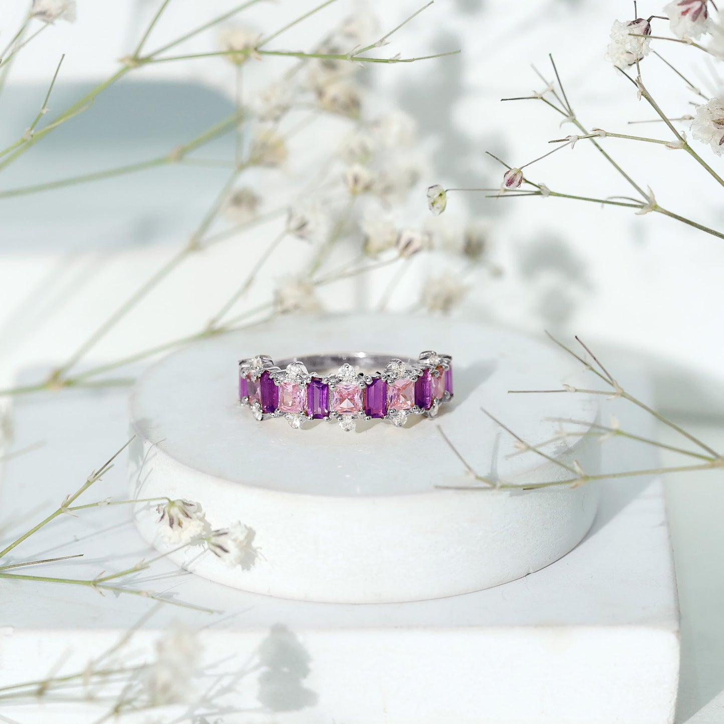 Elegant Amethyst and Created Pink Sapphire Half Eternity Band Ring with Diamond