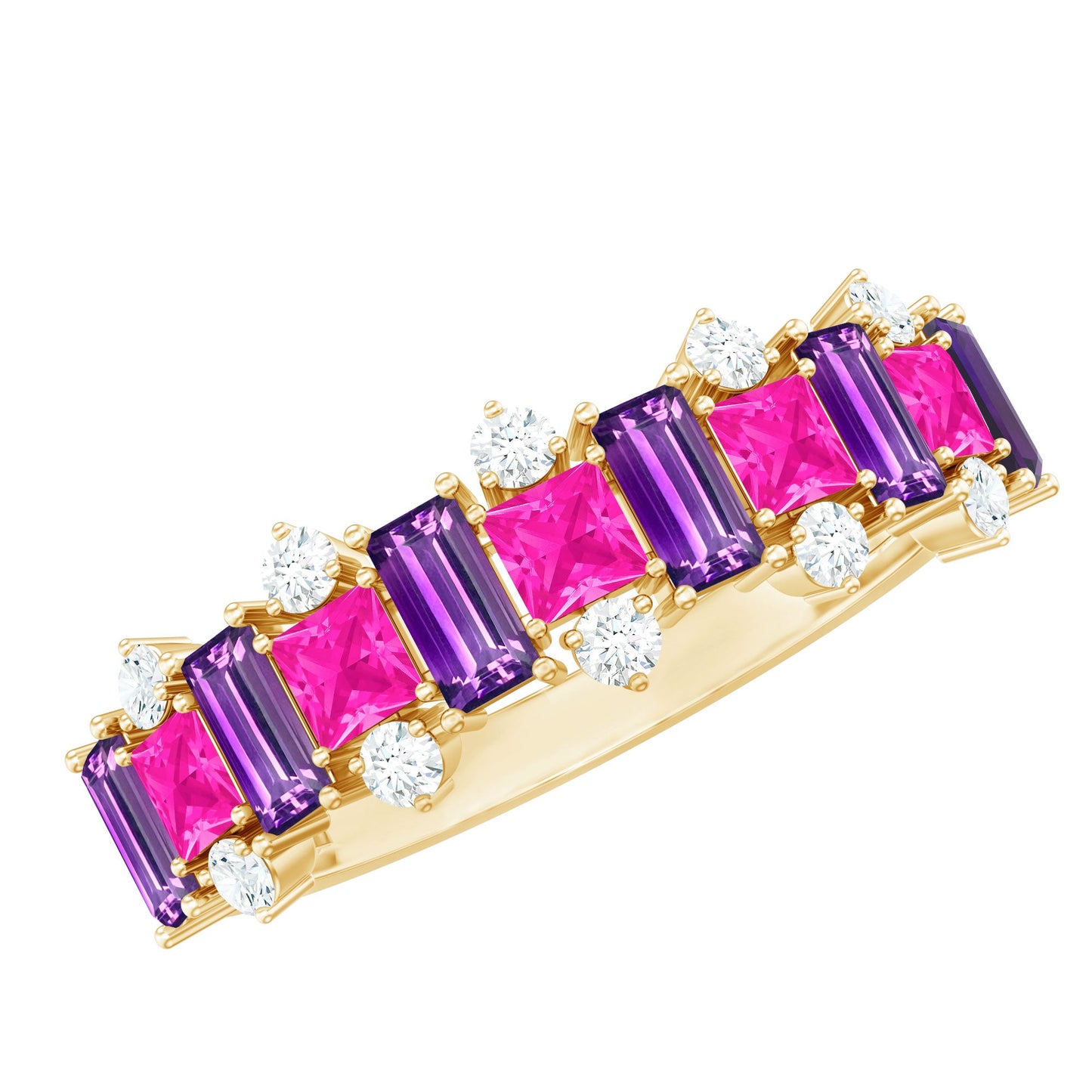 Elegant Amethyst and Created Pink Sapphire Half Eternity Band Ring with Diamond