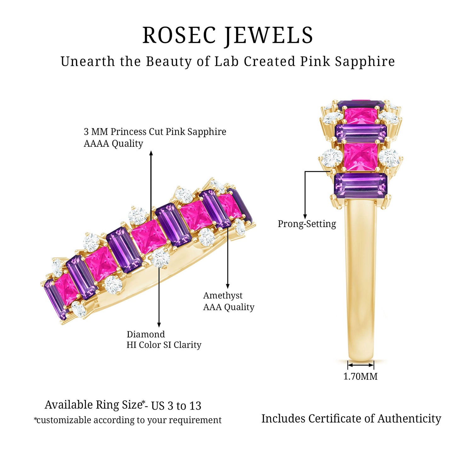Elegant Amethyst and Created Pink Sapphire Half Eternity Band Ring with Diamond