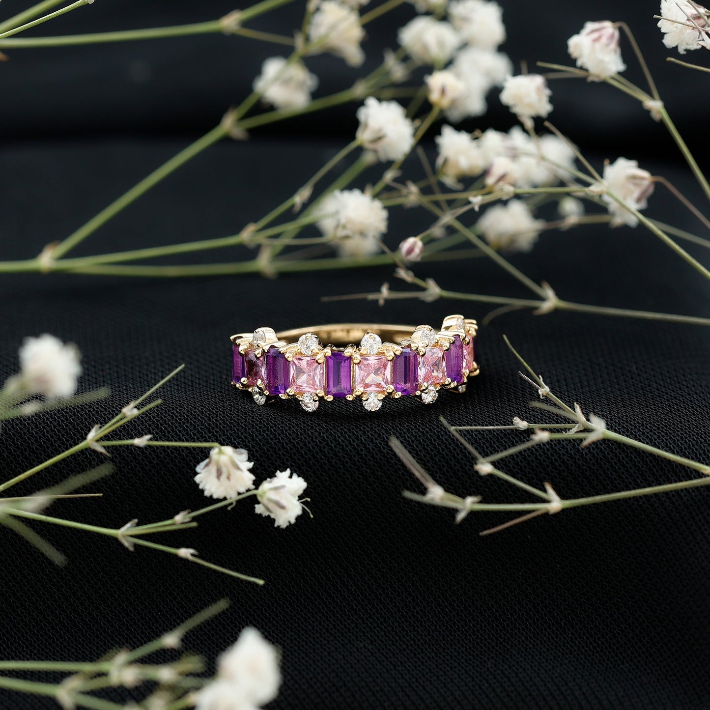 Elegant Amethyst and Created Pink Sapphire Half Eternity Band Ring with Diamond