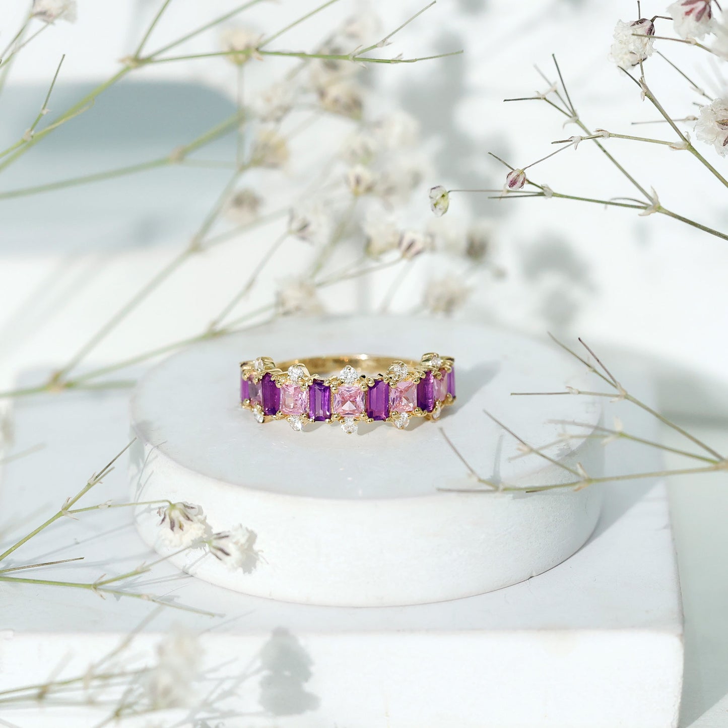 Elegant Amethyst and Created Pink Sapphire Half Eternity Band Ring with Diamond