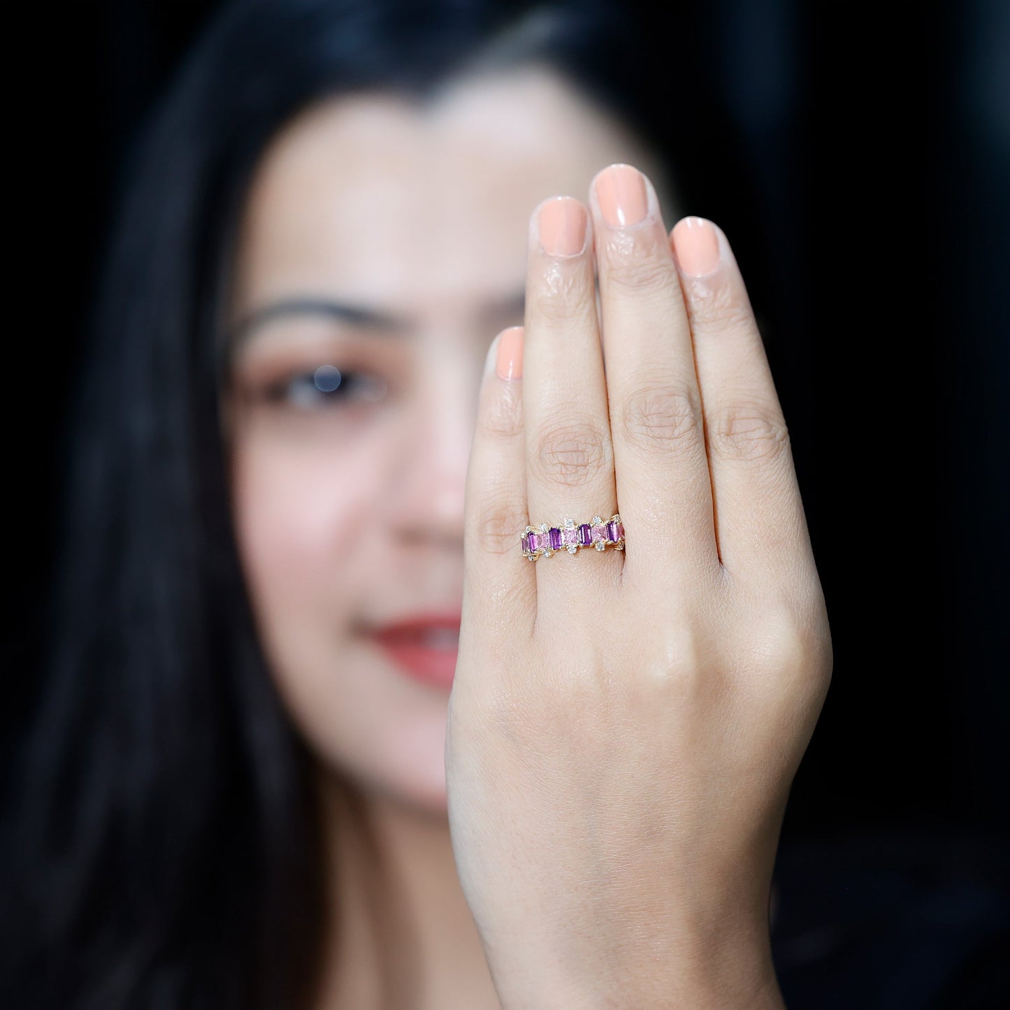 Elegant Amethyst and Created Pink Sapphire Half Eternity Band Ring with Diamond