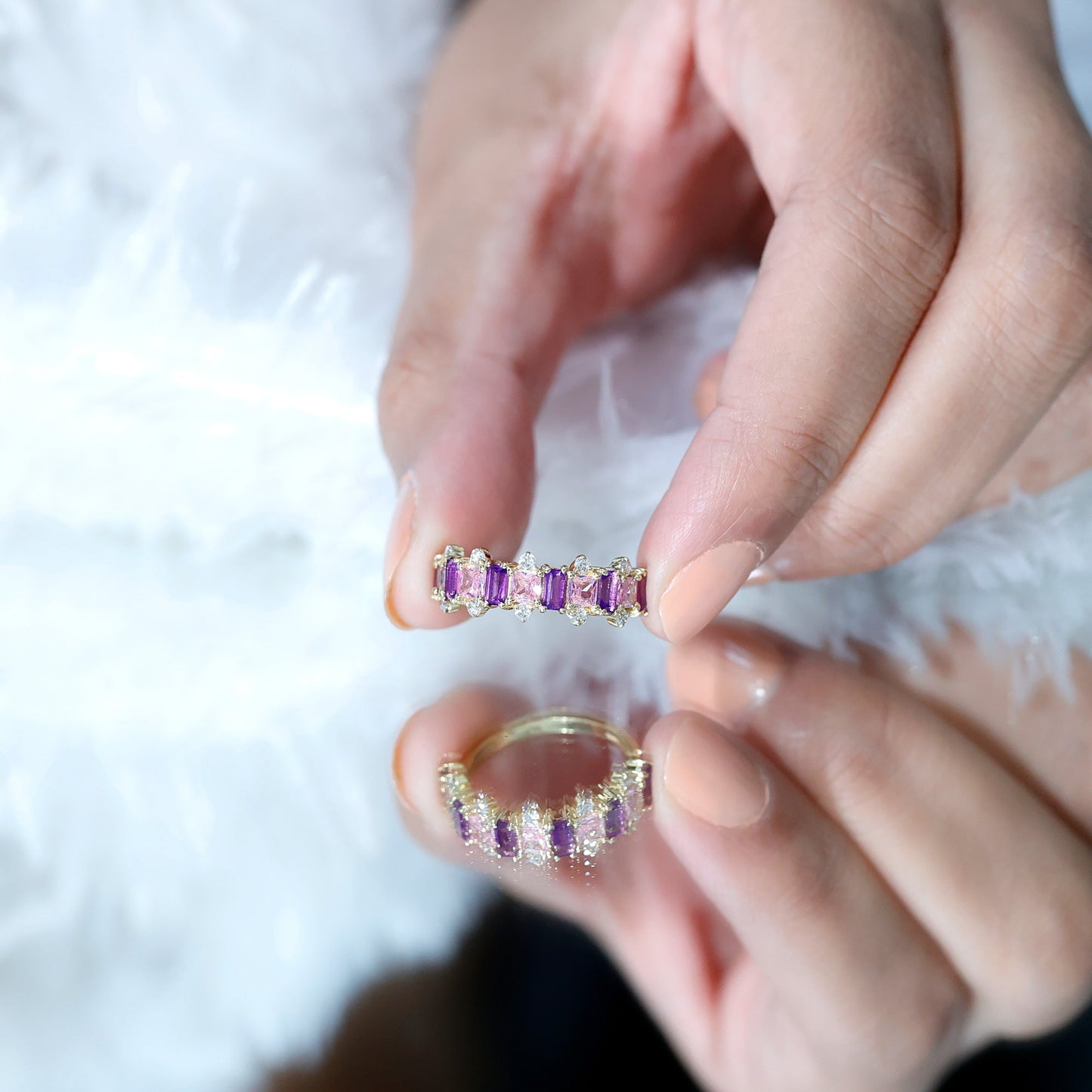 Elegant Amethyst and Created Pink Sapphire Half Eternity Band Ring with Diamond