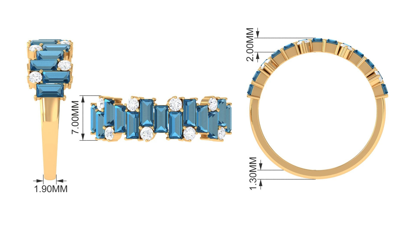 Baguette London Blue Topaz Uneven Eternity Ring with Moissanite