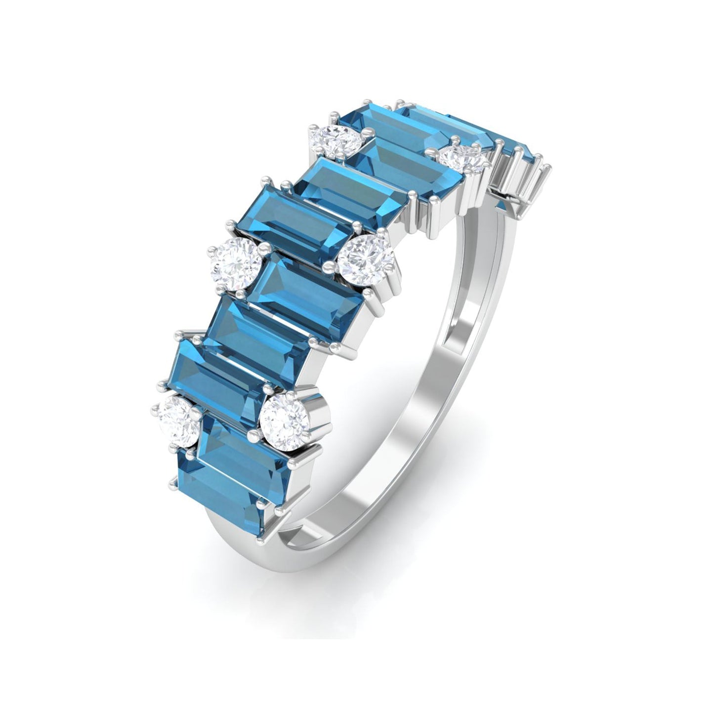 Baguette London Blue Topaz Uneven Eternity Ring with Moissanite