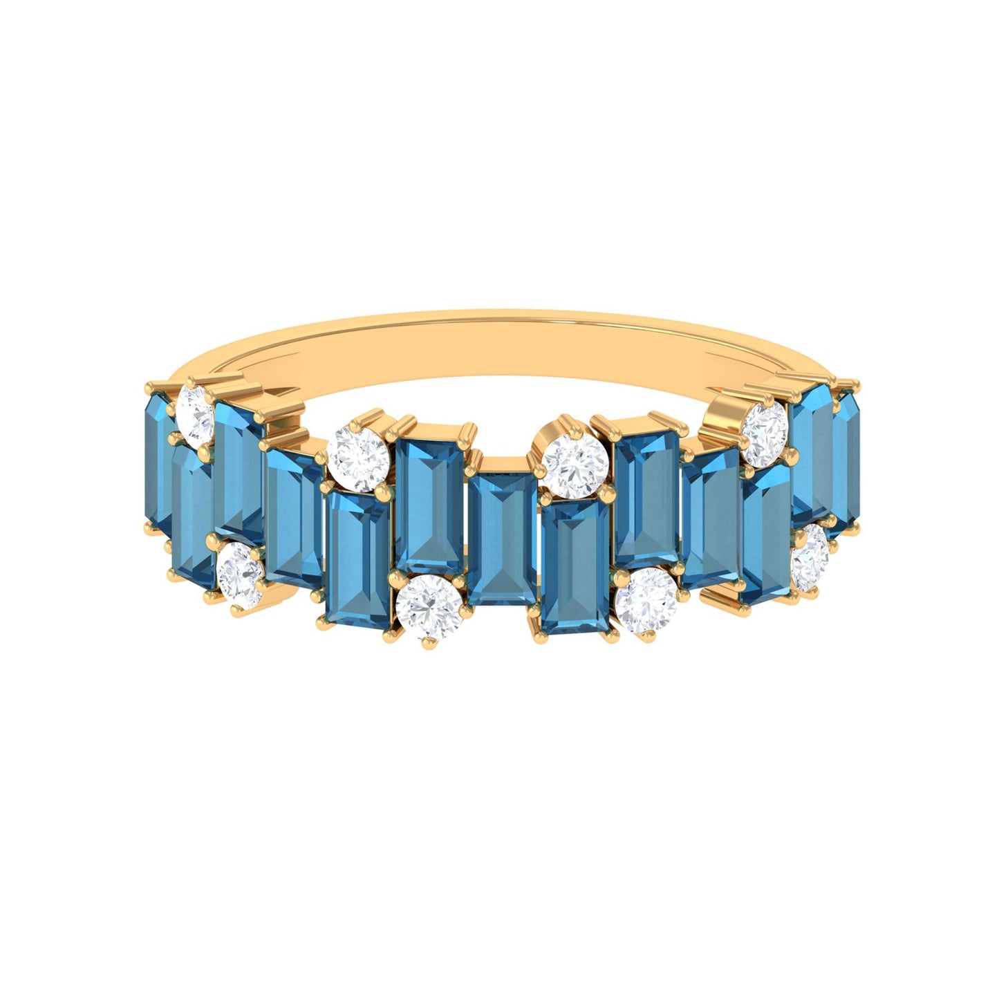Baguette London Blue Topaz Uneven Eternity Ring with Moissanite
