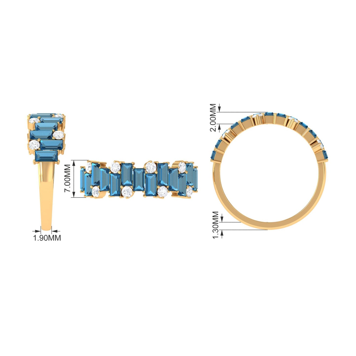 Baguette London Blue Topaz Uneven Eternity Ring with Moissanite