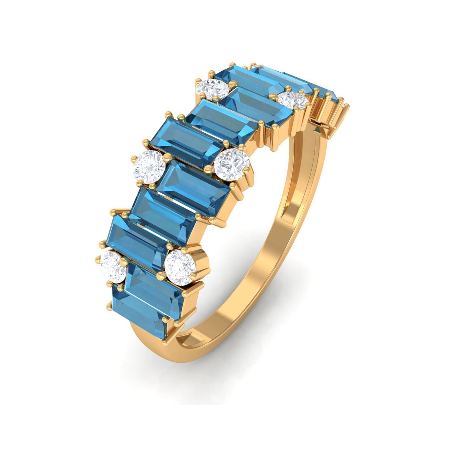 Baguette London Blue Topaz Uneven Eternity Ring with Moissanite