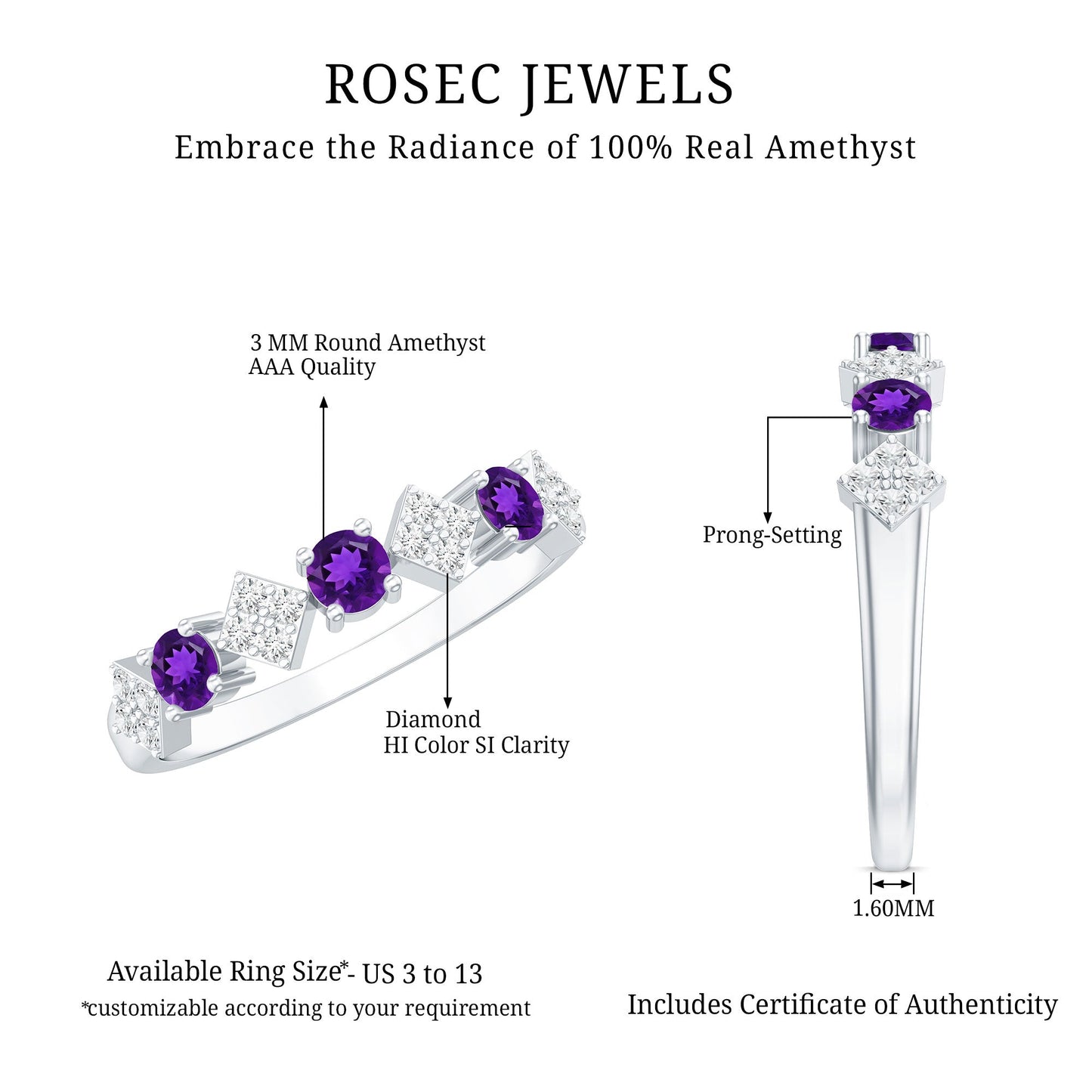 Round Amethyst and Diamond Semi Eternity Band Ring