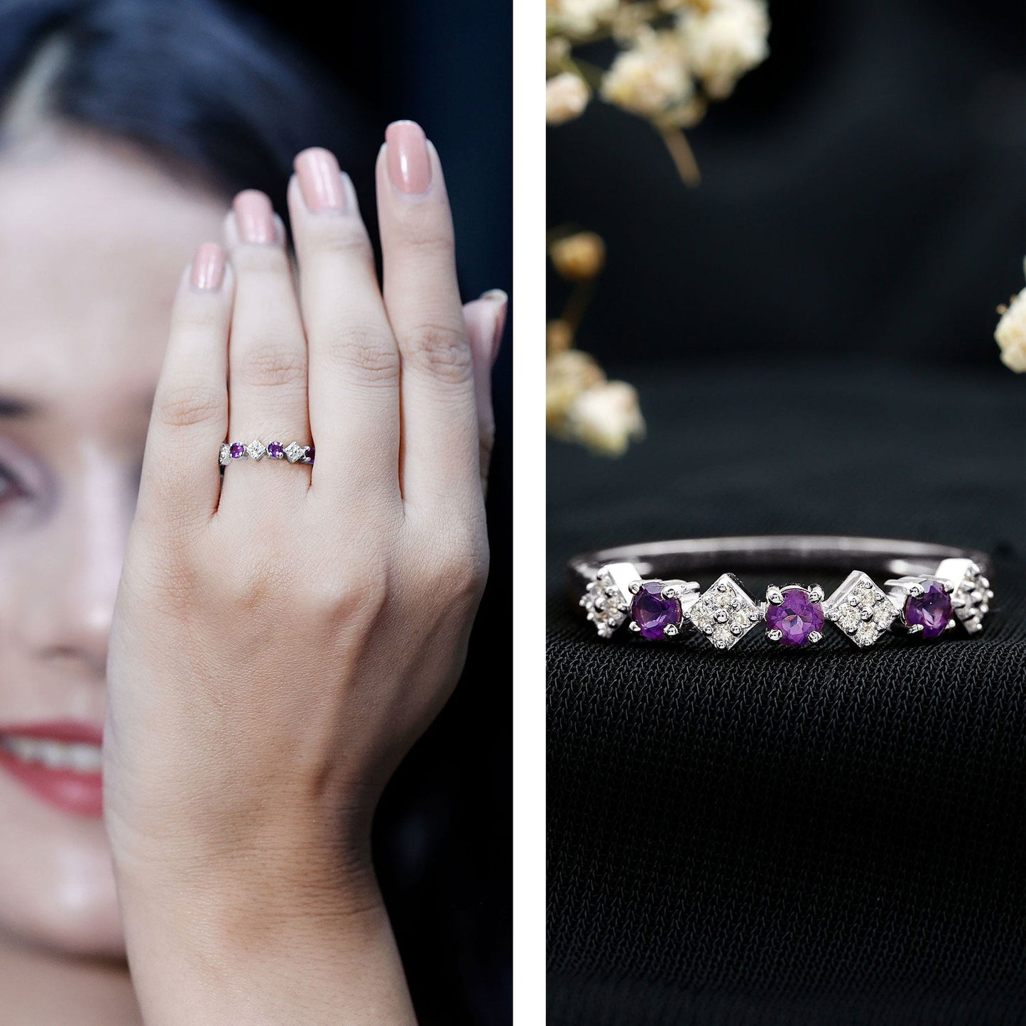 Round Amethyst and Diamond Semi Eternity Band Ring