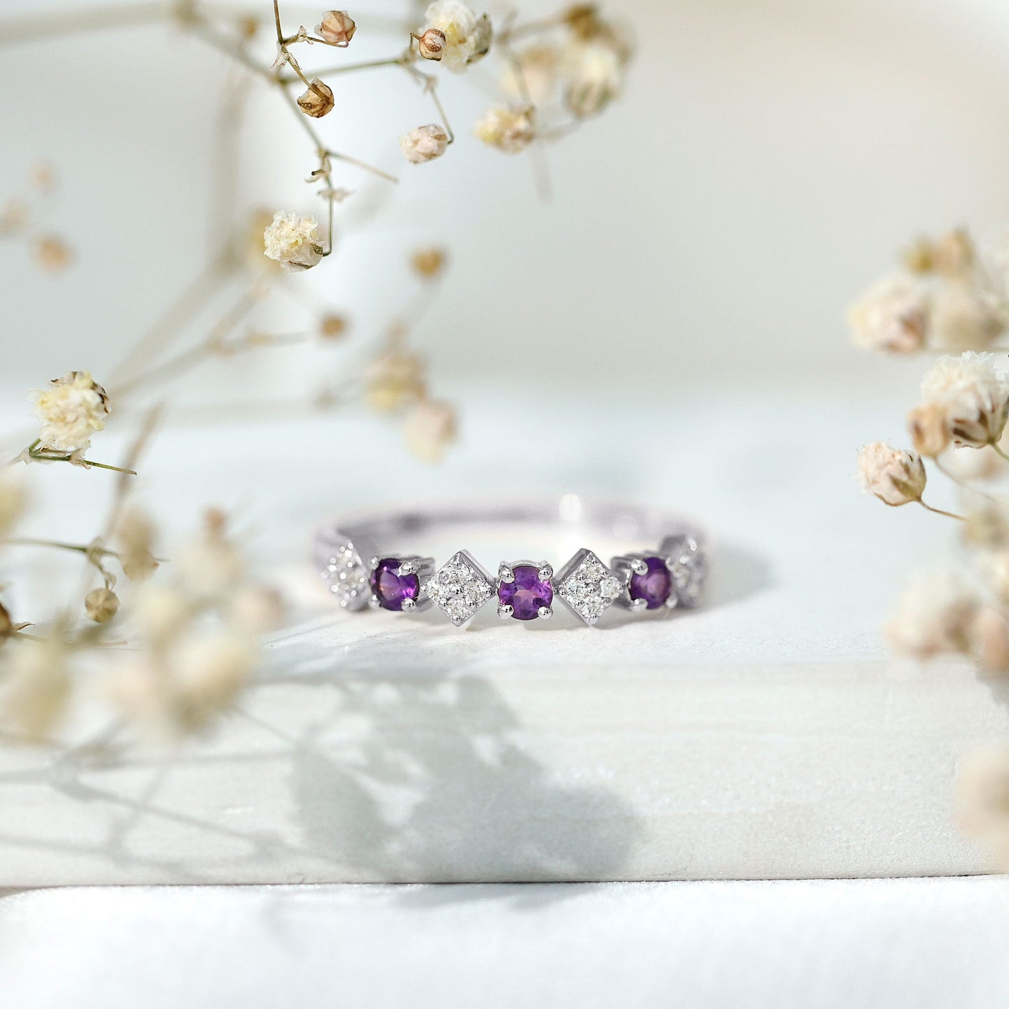 Round Amethyst and Diamond Semi Eternity Band Ring