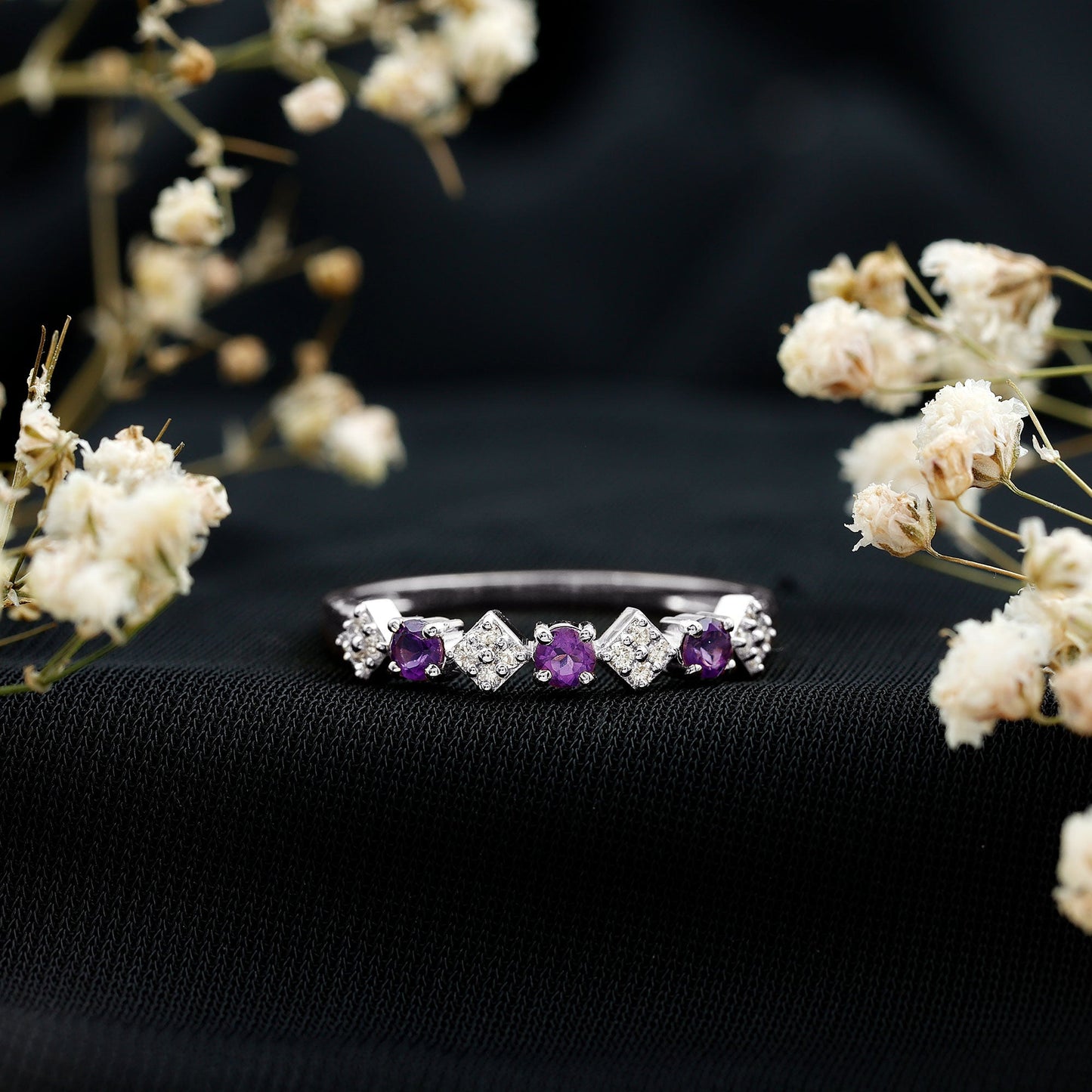 Round Amethyst and Diamond Semi Eternity Band Ring